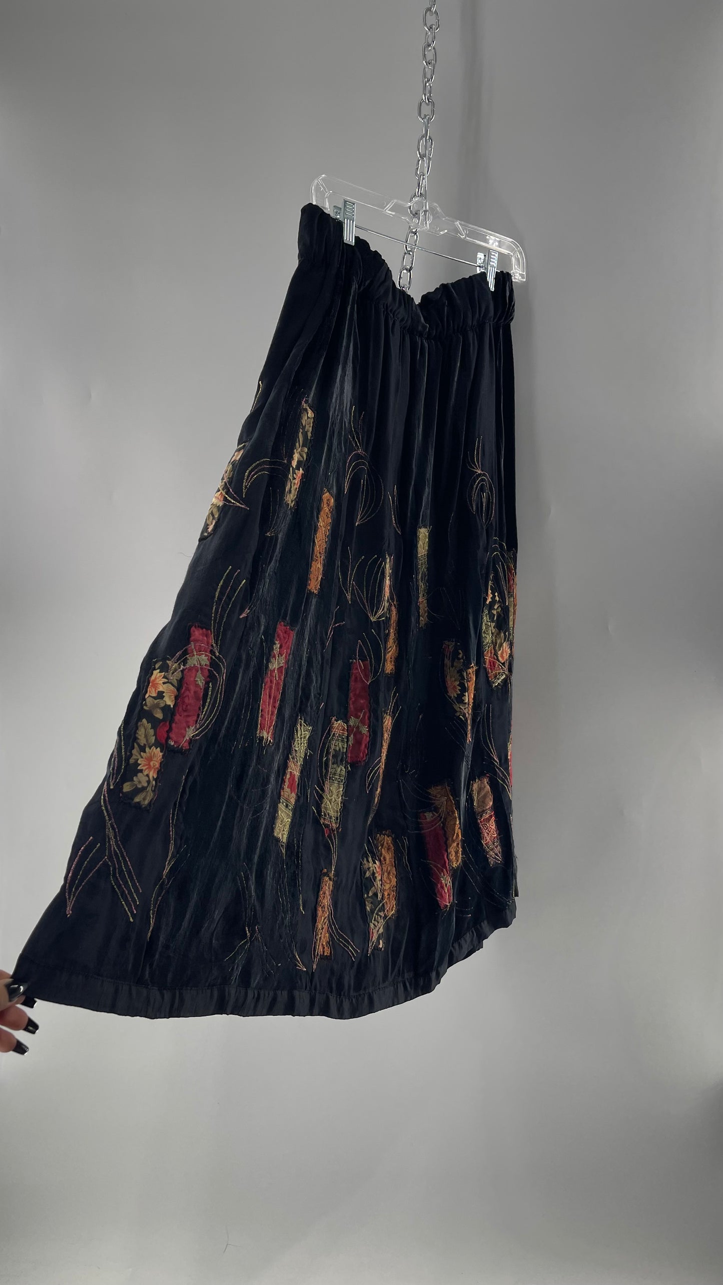 Vintage Black Velvet and Embossed Florals Patchwork Skirt with Metallic Stitch Detailing with Lining and Thick Waistline (M)