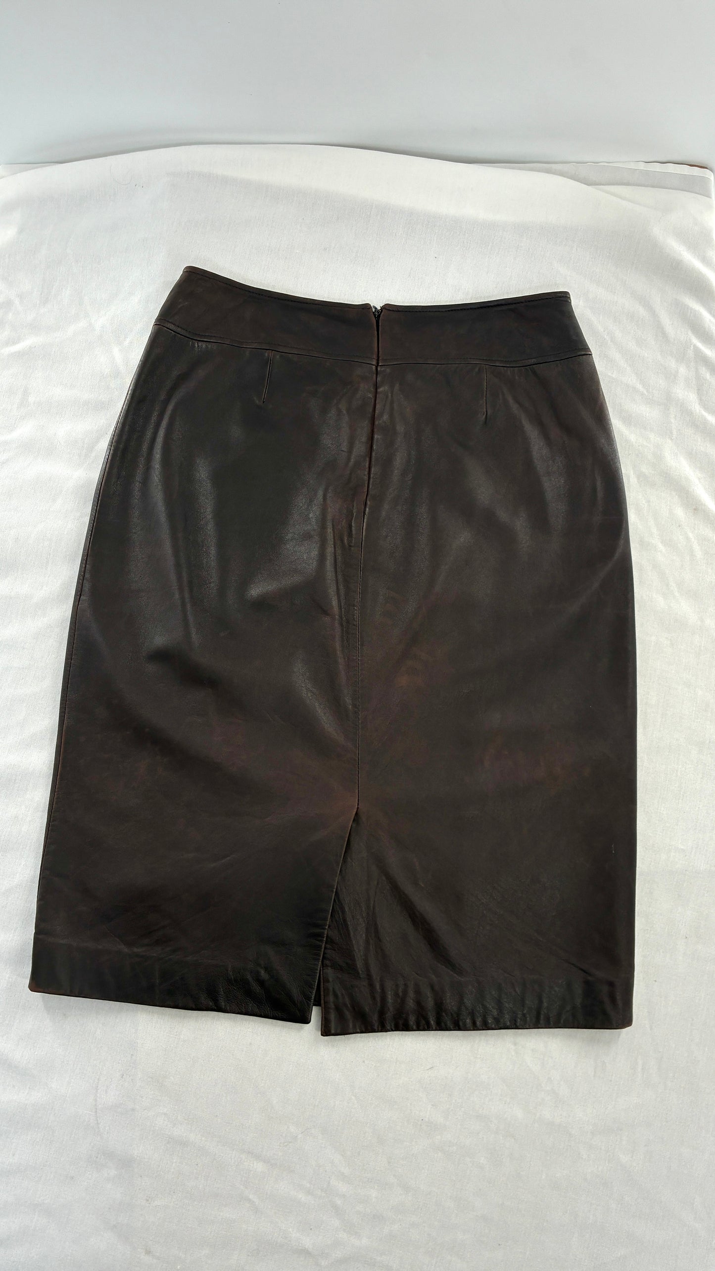 Vintage BROOKS BROTHERS Brown Distressed Genuine Leather Skirt (6)