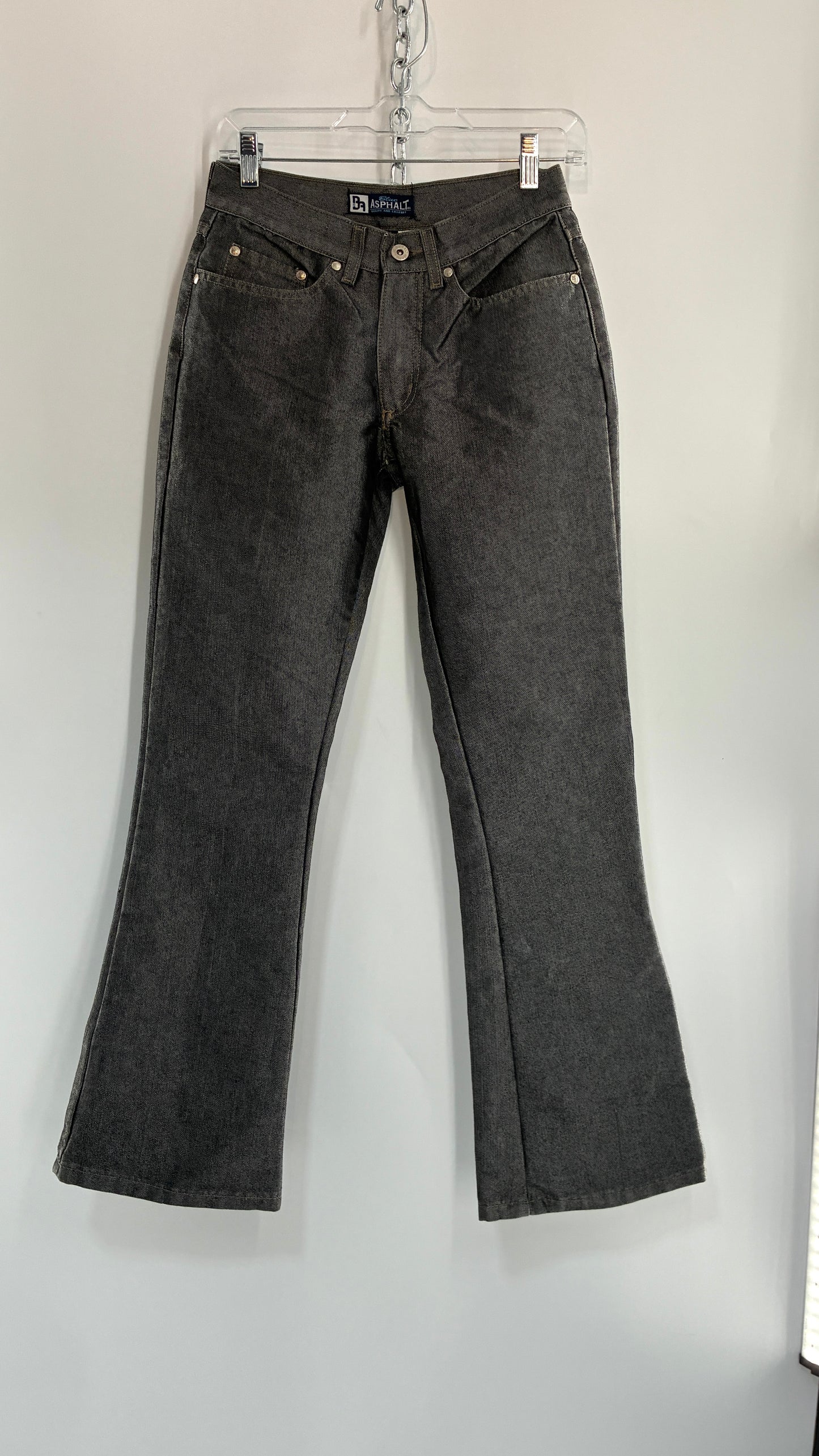 Vintage BLUE ASPHALT Metallic Silver Grey Denim Low Rise Kick Flares (5)