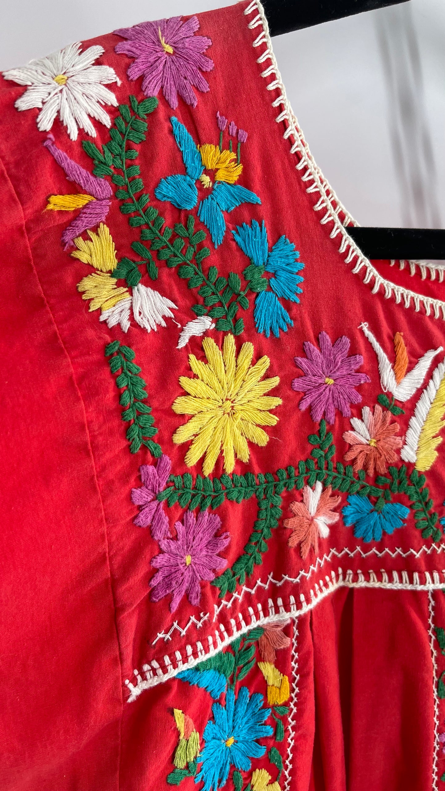 Vintage 1970s Red Cotton Dress with Hand Embroidered Florals Imported from Mexico (Small)