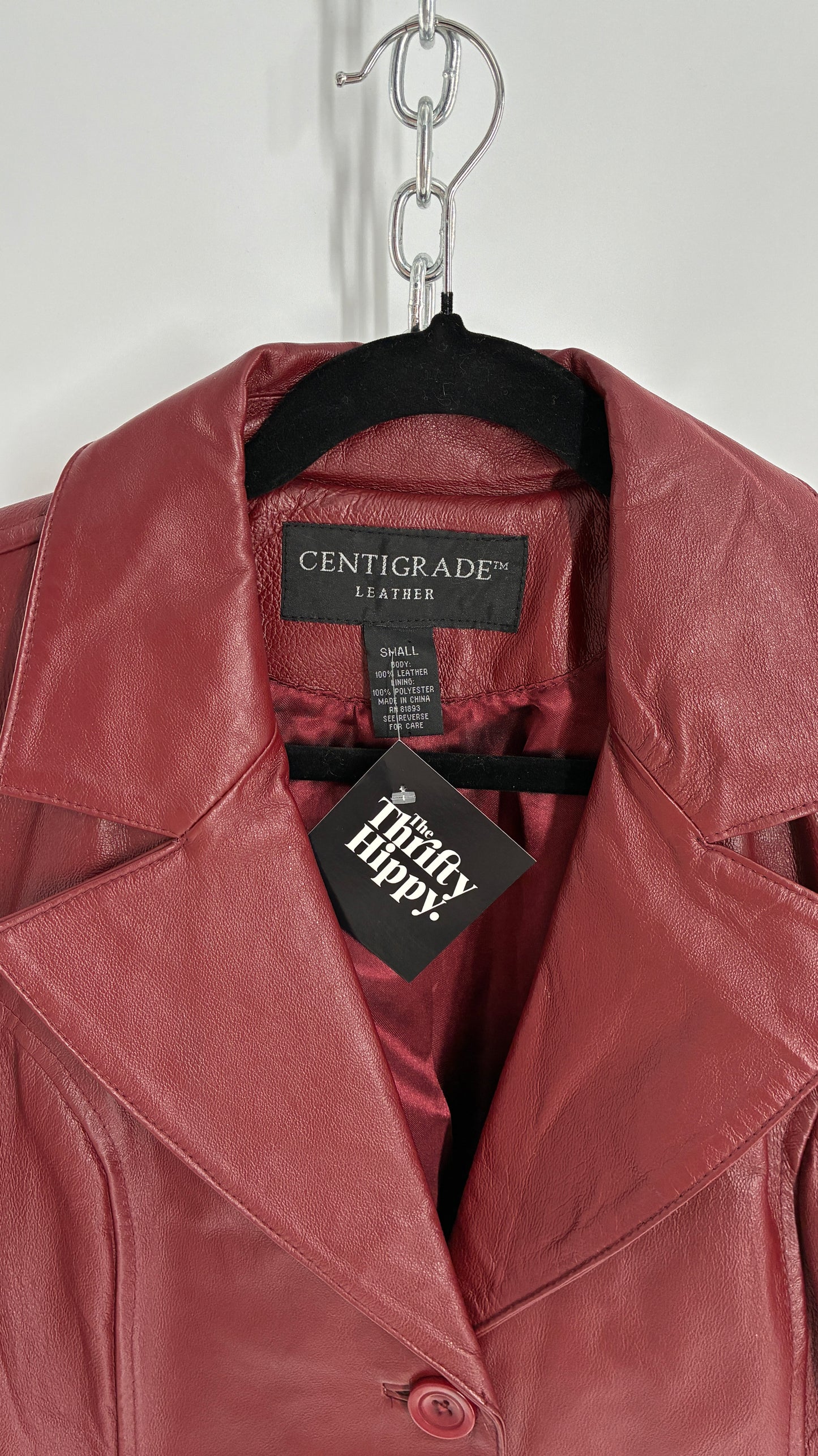 Vintage 1990s CENTIGRADE Red Crimson Genuine Leather Trench Coat (Small)