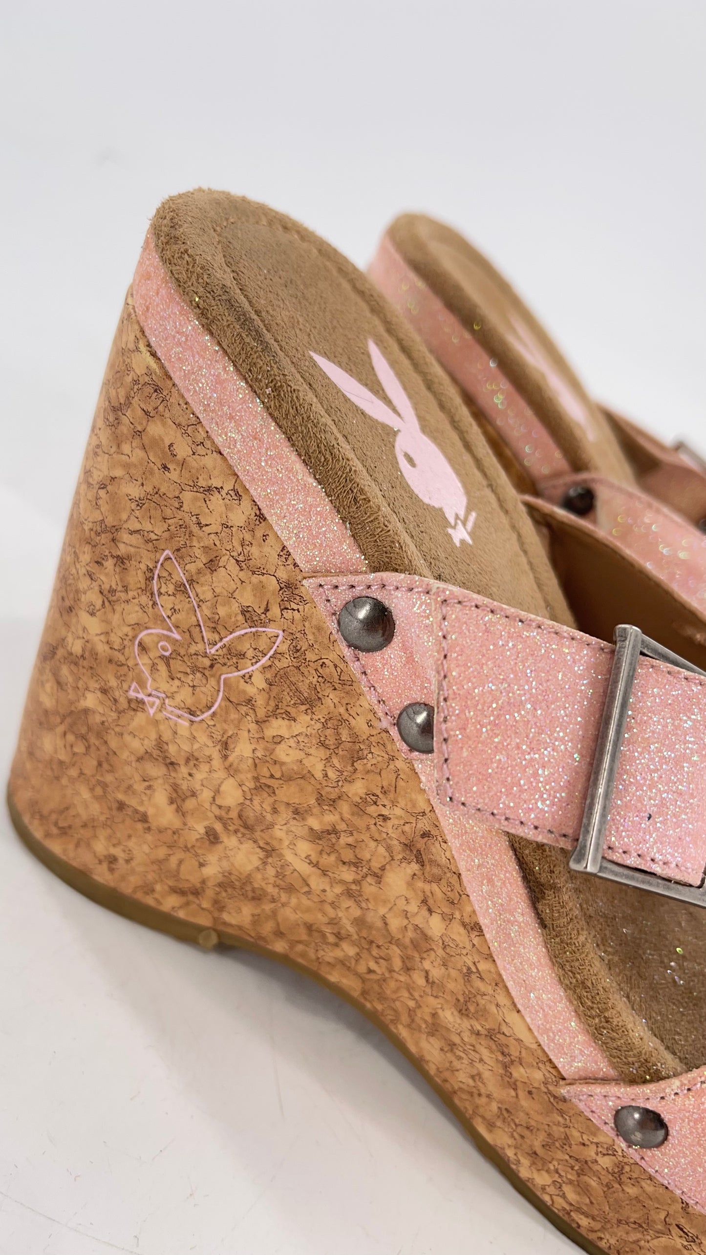 Playboy Pink Glitter Wedge Heel with Cork Heel and Playboy Engraved Buckle (6)