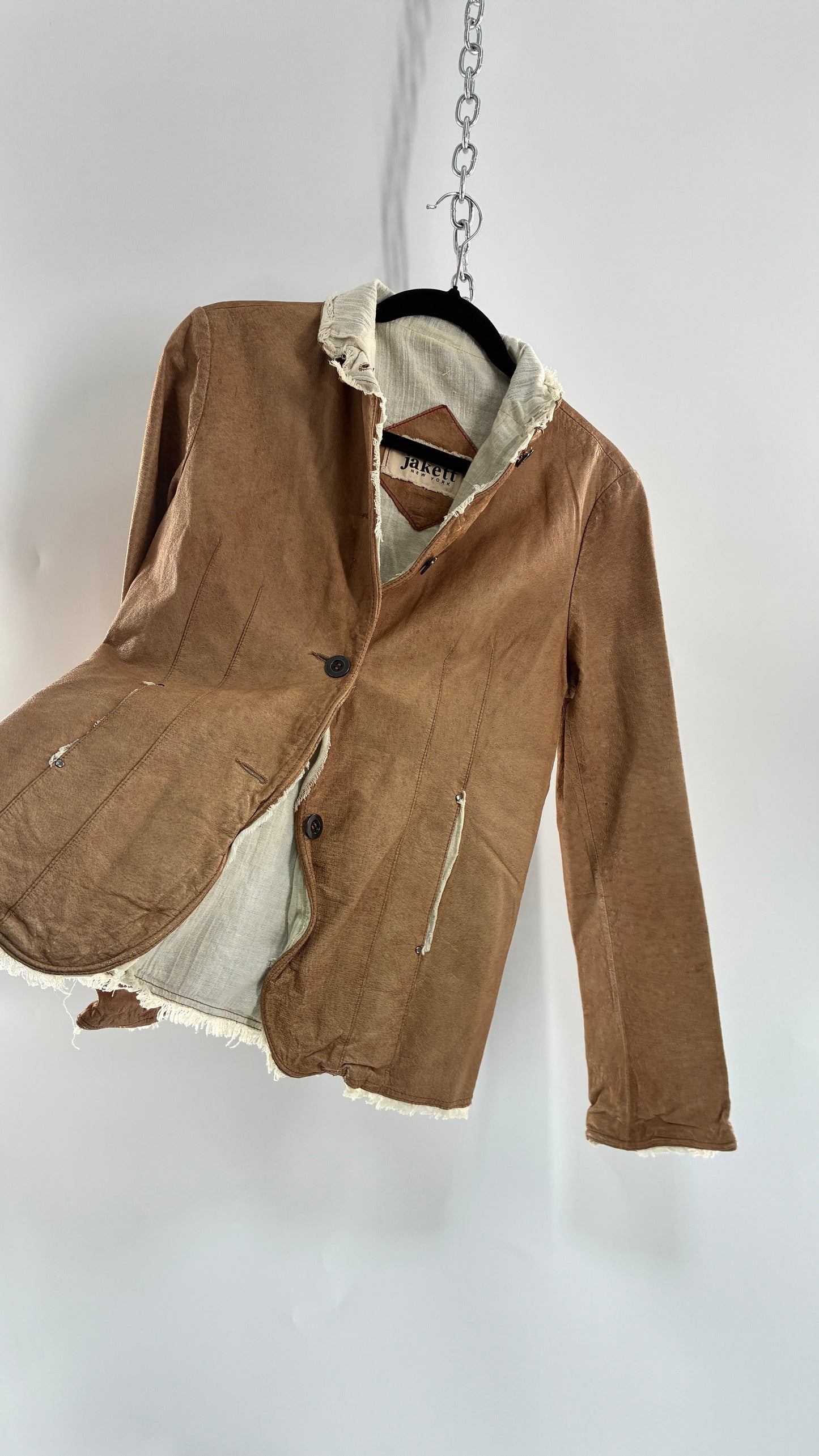 Vintage JAKETT Tan Leather Jacker with Cotton Raw Edge Trim+ Lining and buttoned Cuffs (Medium)