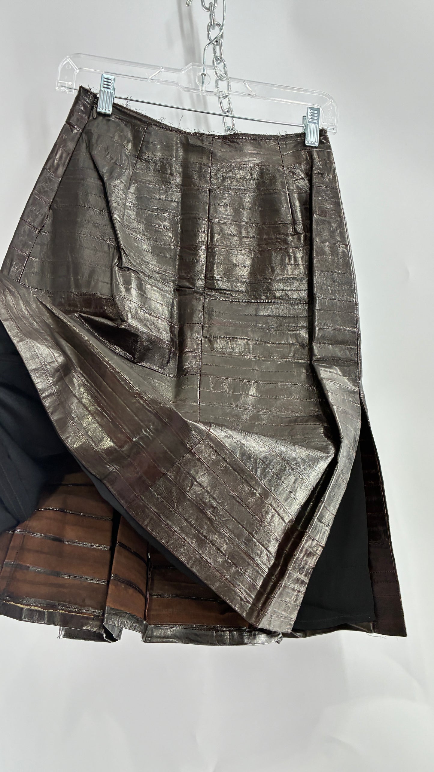 Vintage Handmade Pleated Dark Brown Genuine Leather Patchwork Skirt (XS)