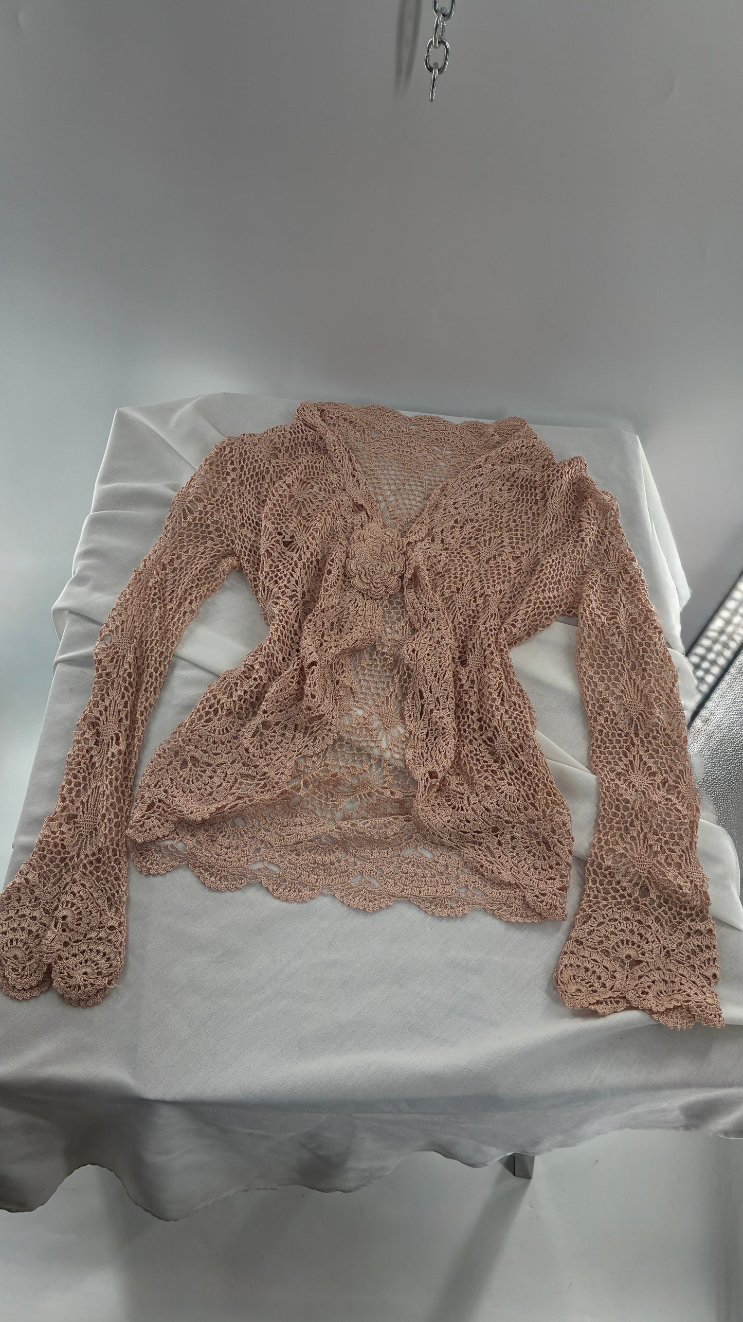Vintage Tan Crochet Bell Sleeve Cardigan with Oversized Rosette Bust Closure (Medium)