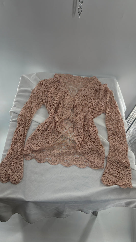 Vintage Tan Crochet Bell Sleeve Cardigan with Oversized Rosette Bust Closure (Medium)