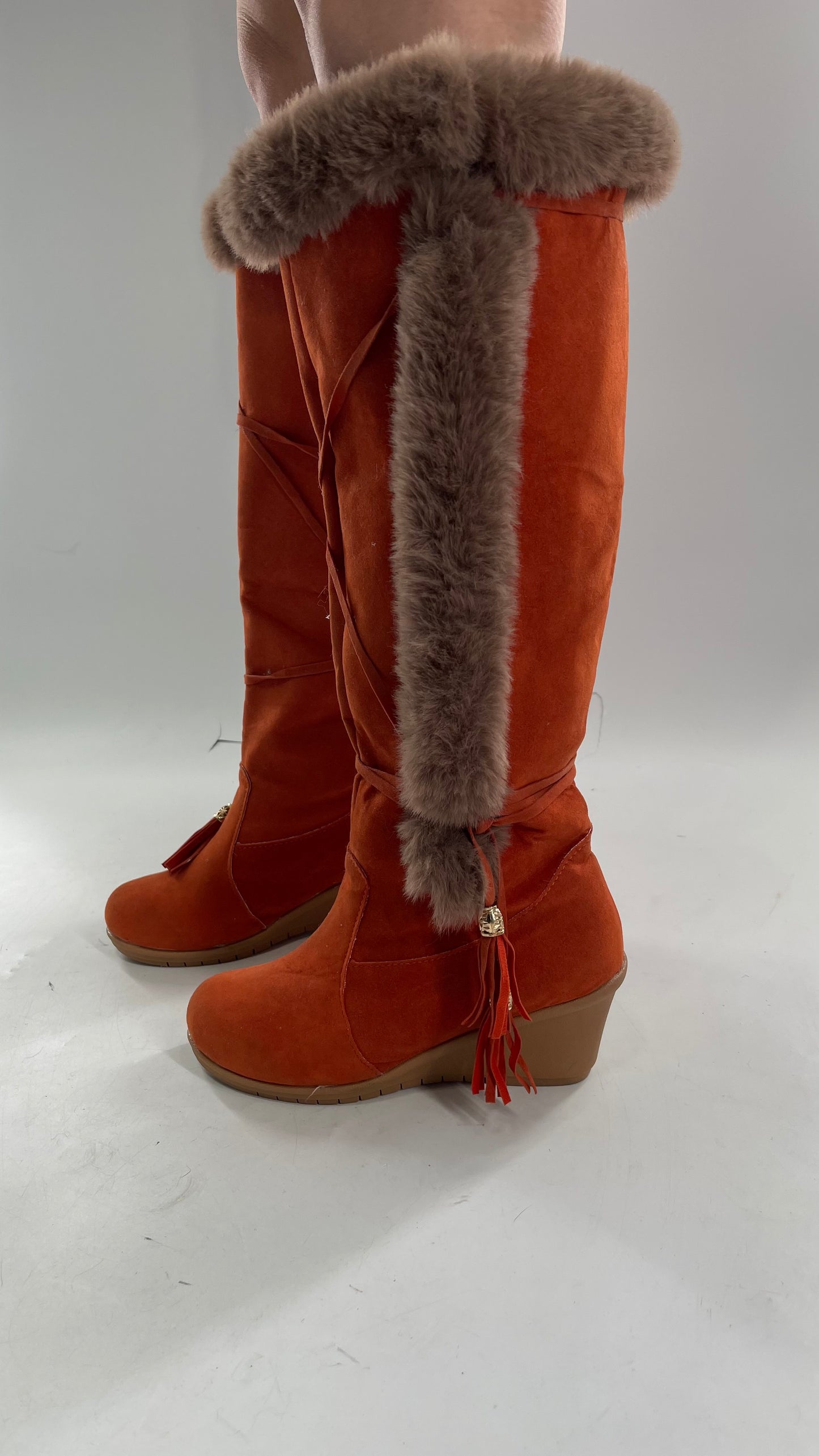 Faux Suede Lace Up Orange Wedge Boots with Faux Fur (37)