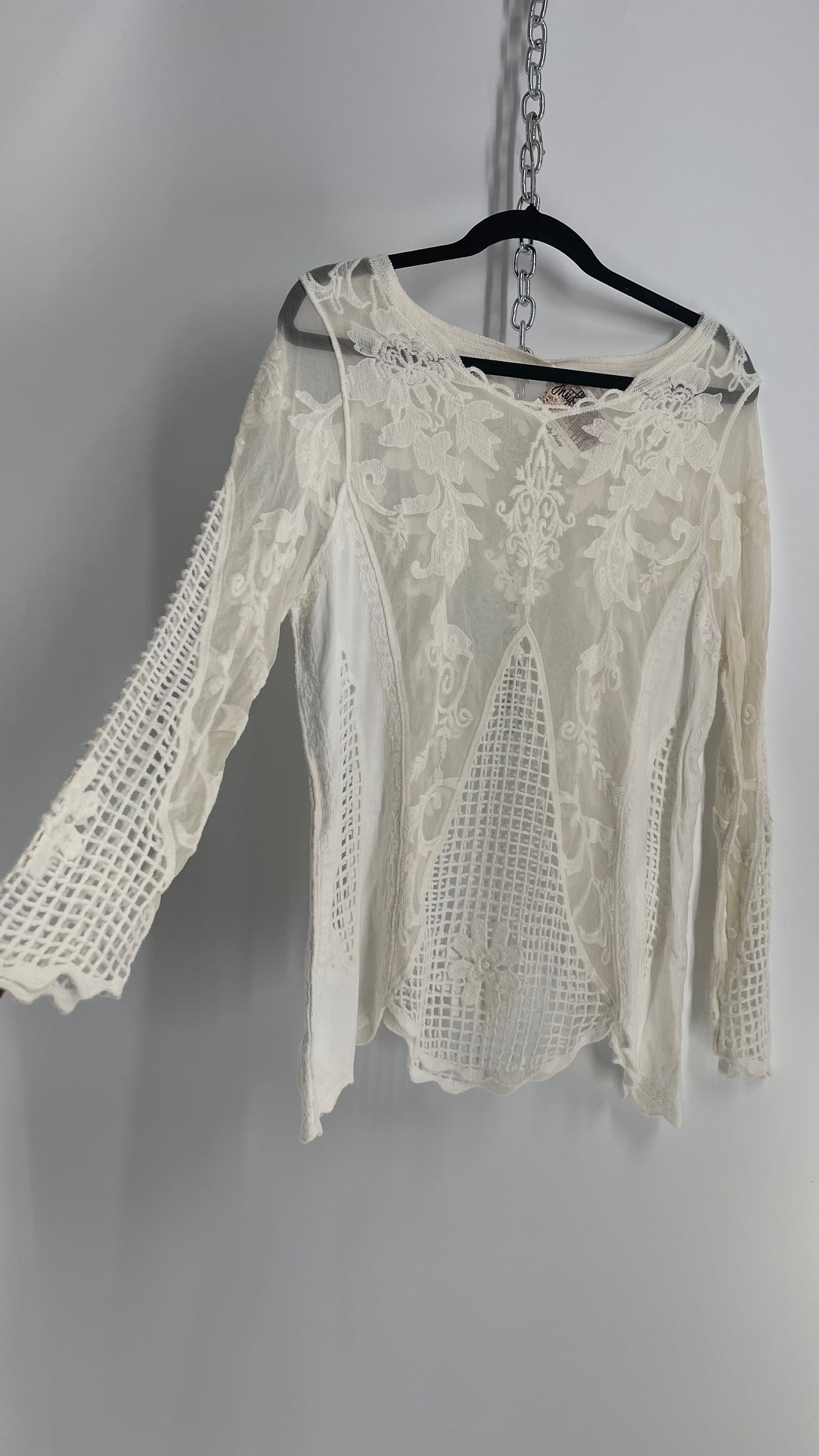 Embroidered Off White Lace and Mesh Paneled Long Sleeve (Medium)