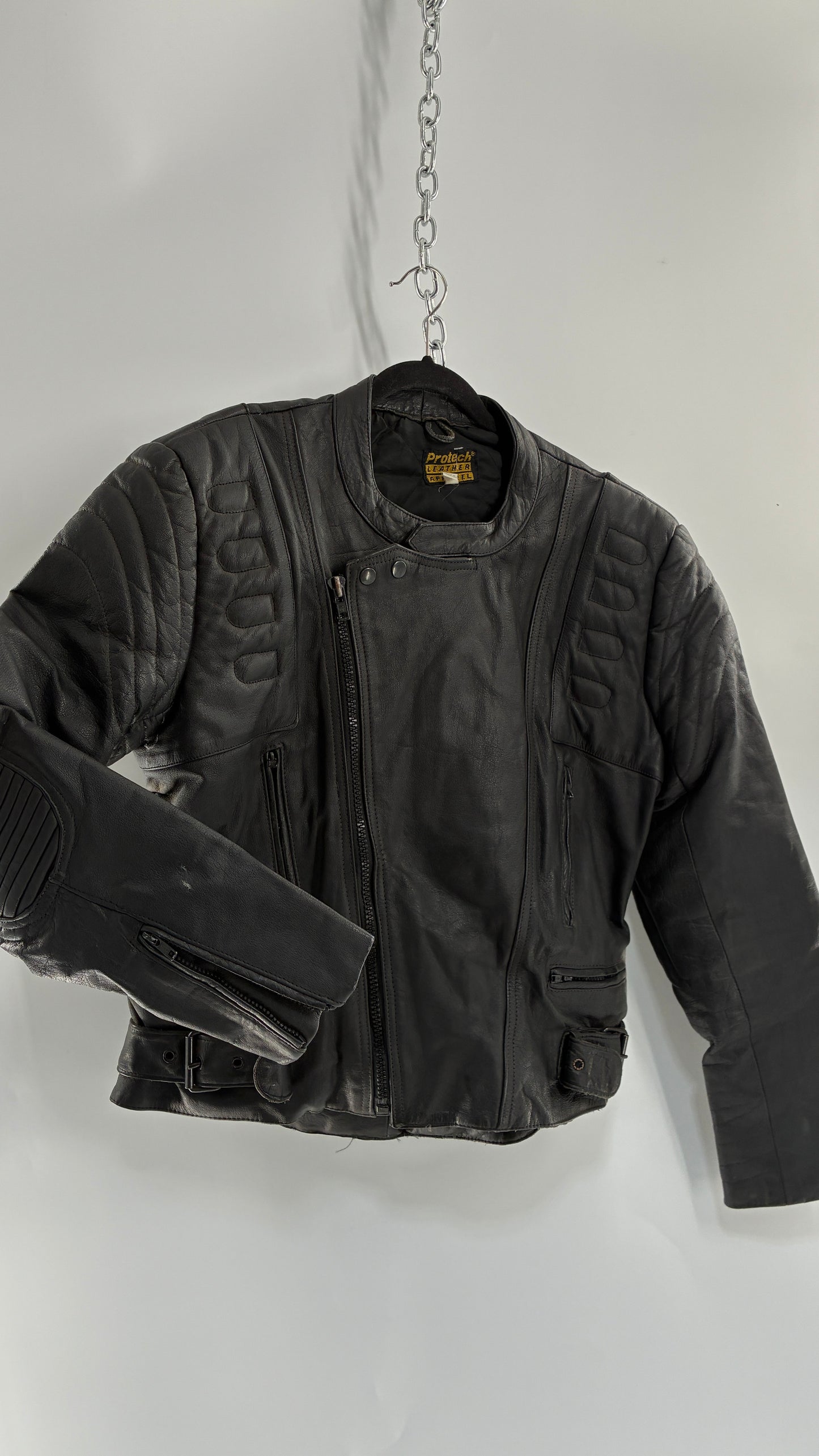 Vintage PROTECH Black Leather Motorcycle Jacket (46)