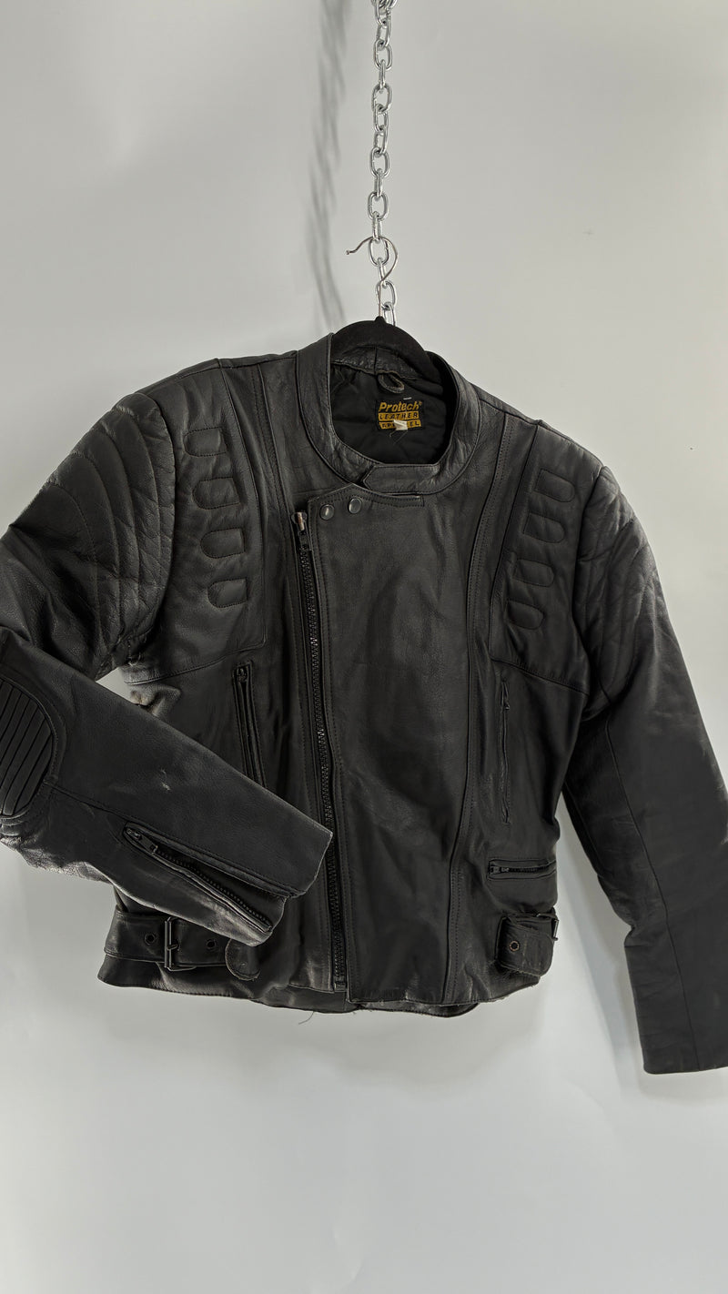 Vintage PROTECH Black Leather Motorcycle Jacket (46)