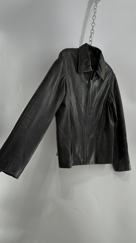 Vintage WINLIT New York Black Leather Collared Zip Front Paneled Jacket (Large)