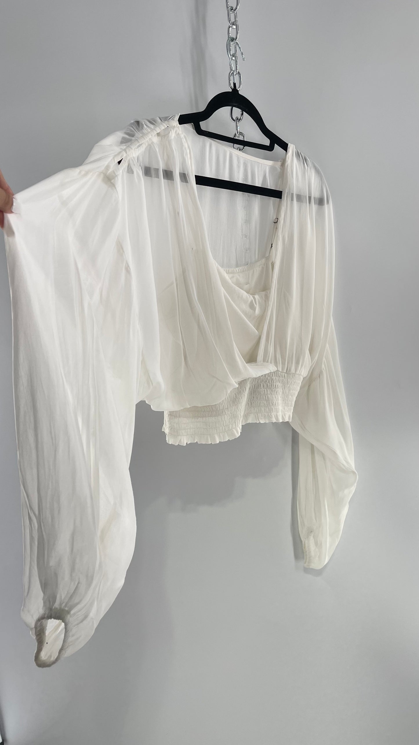 Anthropologie Sheer Balloon Sleeve Blouse with Smocked Waistline and Cropped Inner Tank with Rubber on Bust and Tags Attached (Medium)