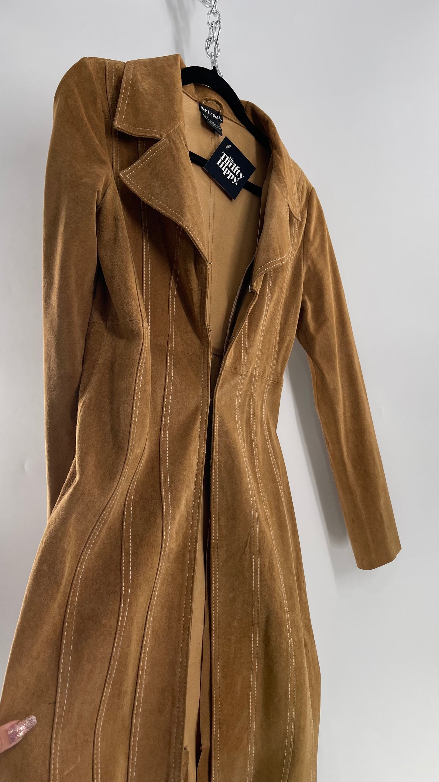 Vintage Wet Seal Full Length Paneled Tan Leather Sweeping Coat (Small)