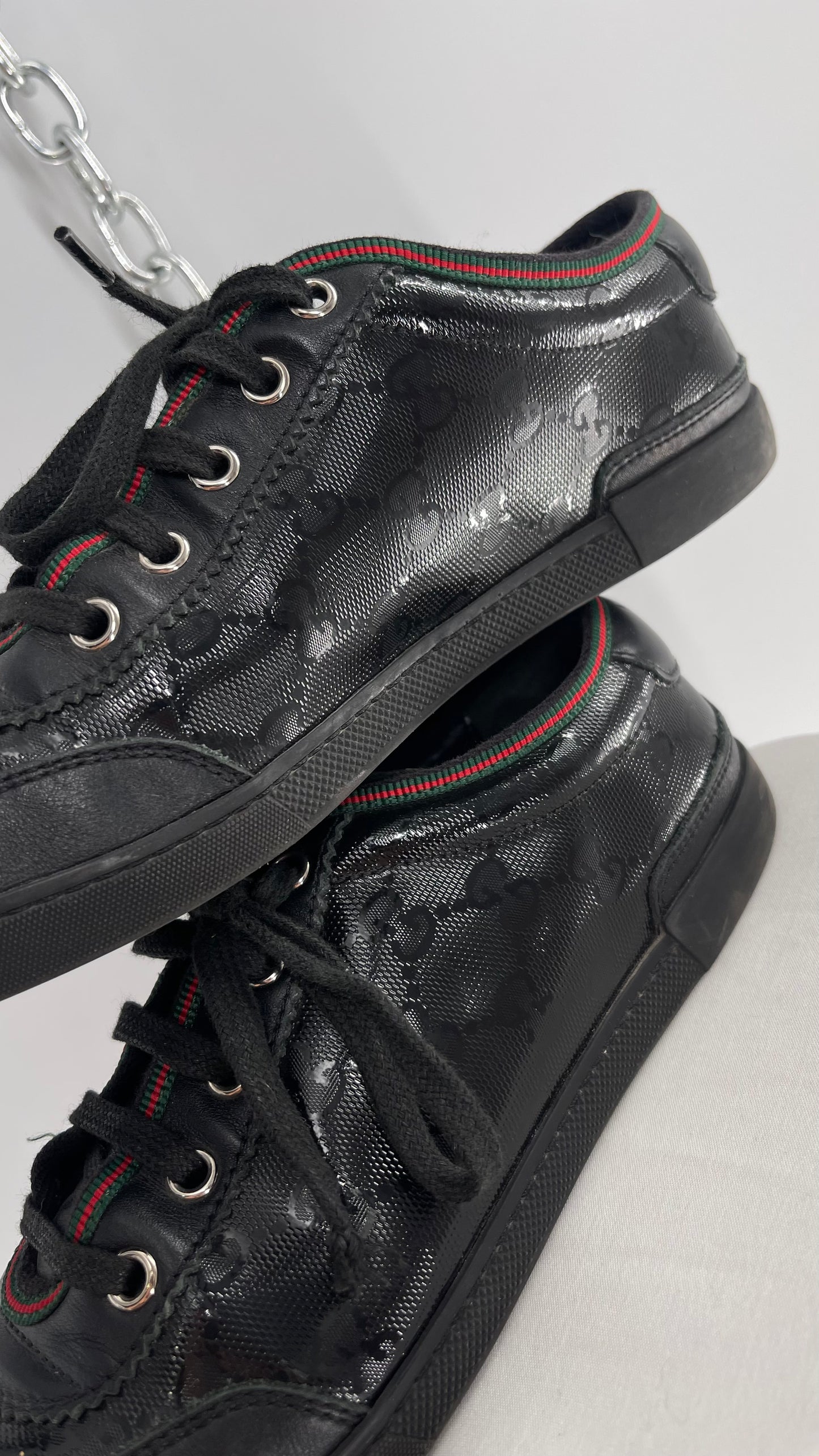 Vintage GUCCI Worn Black Leather Monogram Low Top Sneakers with Red/Green Iconic Trim (37)