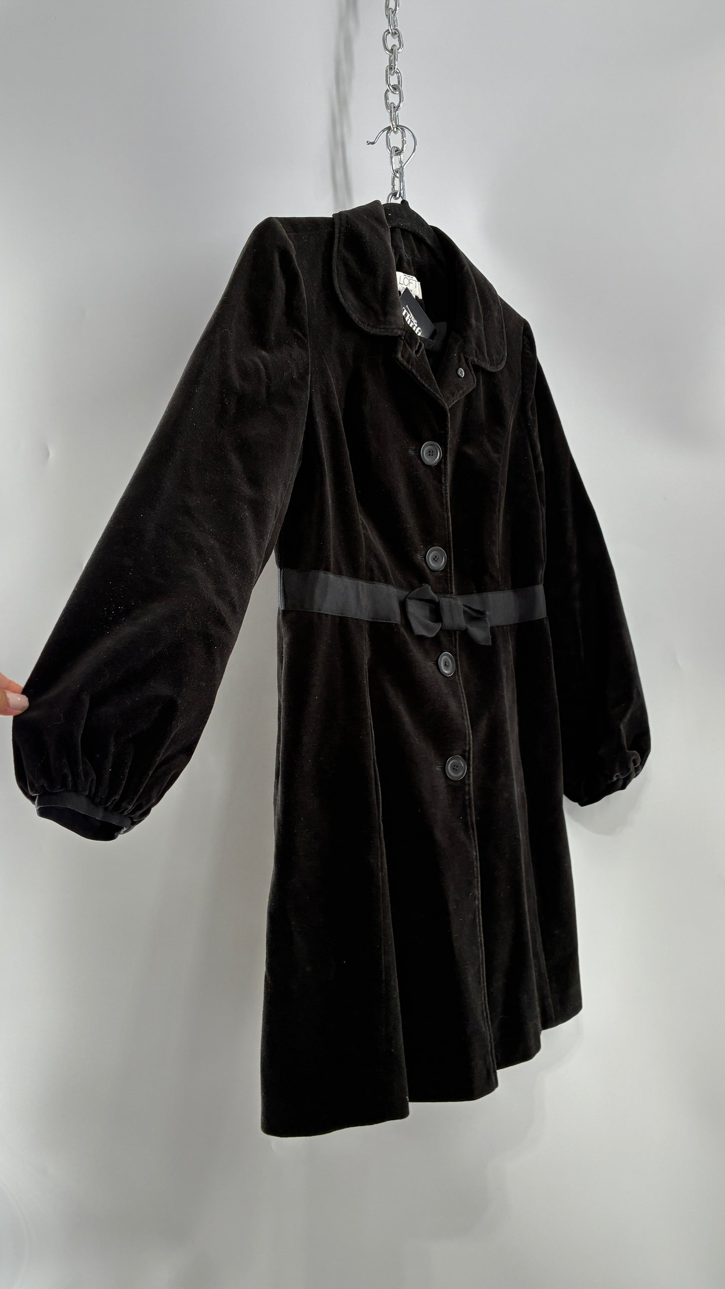 Vintage Ann Taylor Black Velour Bubble Sleeve Coat with Ribbon Bow Belt (4P)