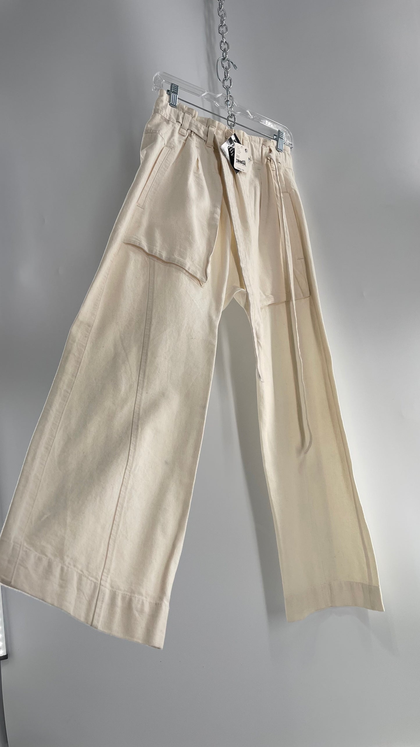 Free People Cream Color Canvas Belted Pants with Oversized Pockets and Tags Attached (XS)