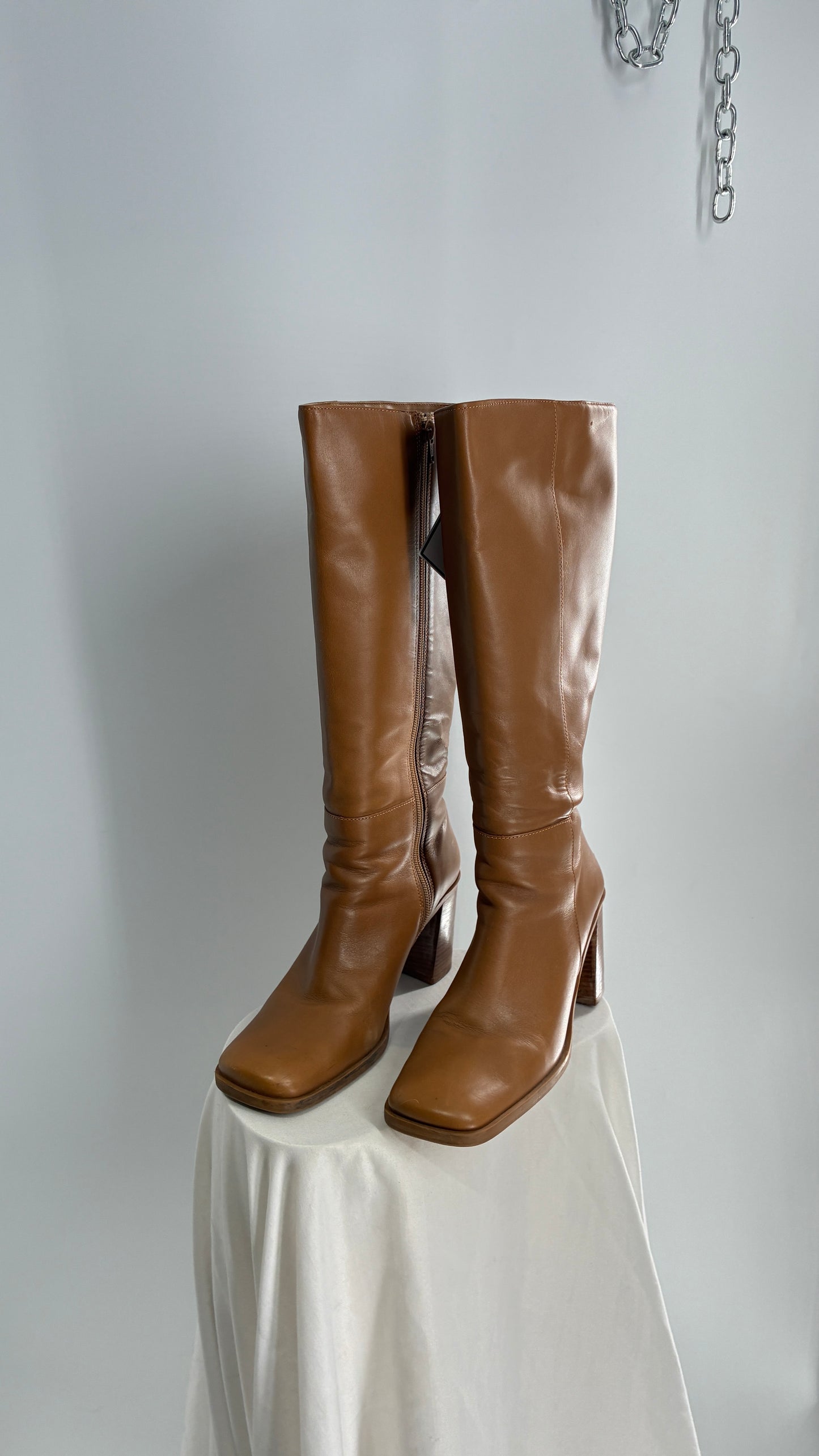 Vintage Strive Genuine Leather Square Toe Knee High Boots with Chunky Block Heel Made in Uruguay (9.5)