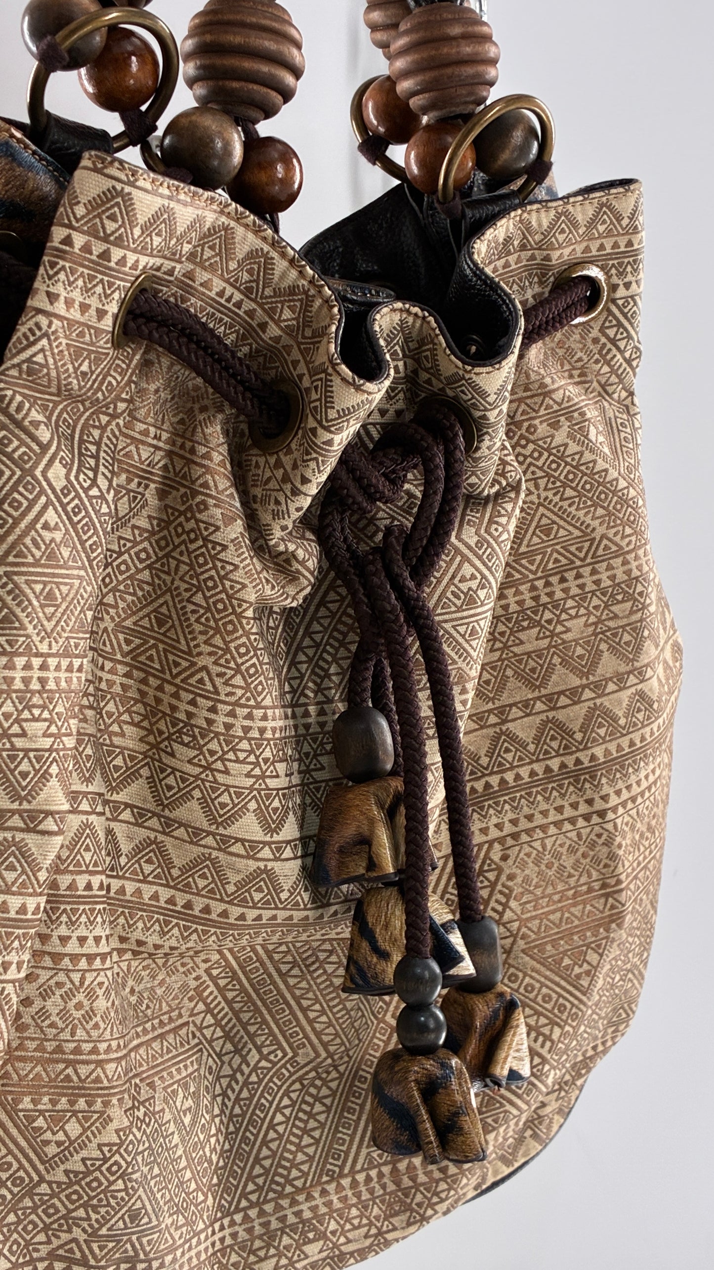Vintage Oversized Animal Print Slouchy Bag with Braided Leather Strap and Beaded Details