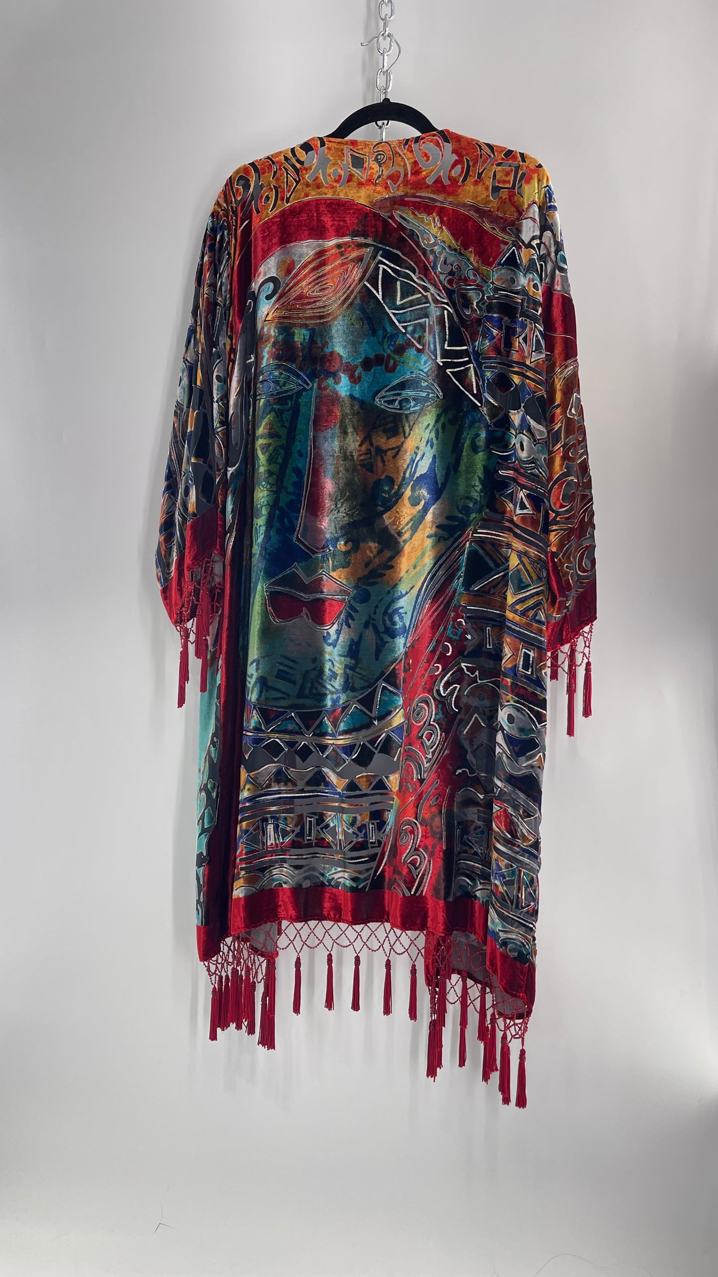 Vintage Burnout Buddhist Motif Velvet/Velour Beaded Fringe Duster Coat/Kimono with Tassel Sleeves and Hems (M/L)