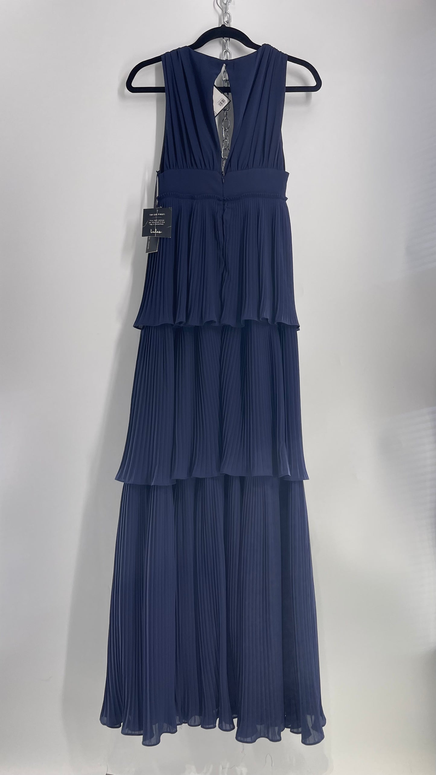 Lulu*s Pleated Navy Blue Floor Length Gown with Three Tiers and Tags Attached (XS)