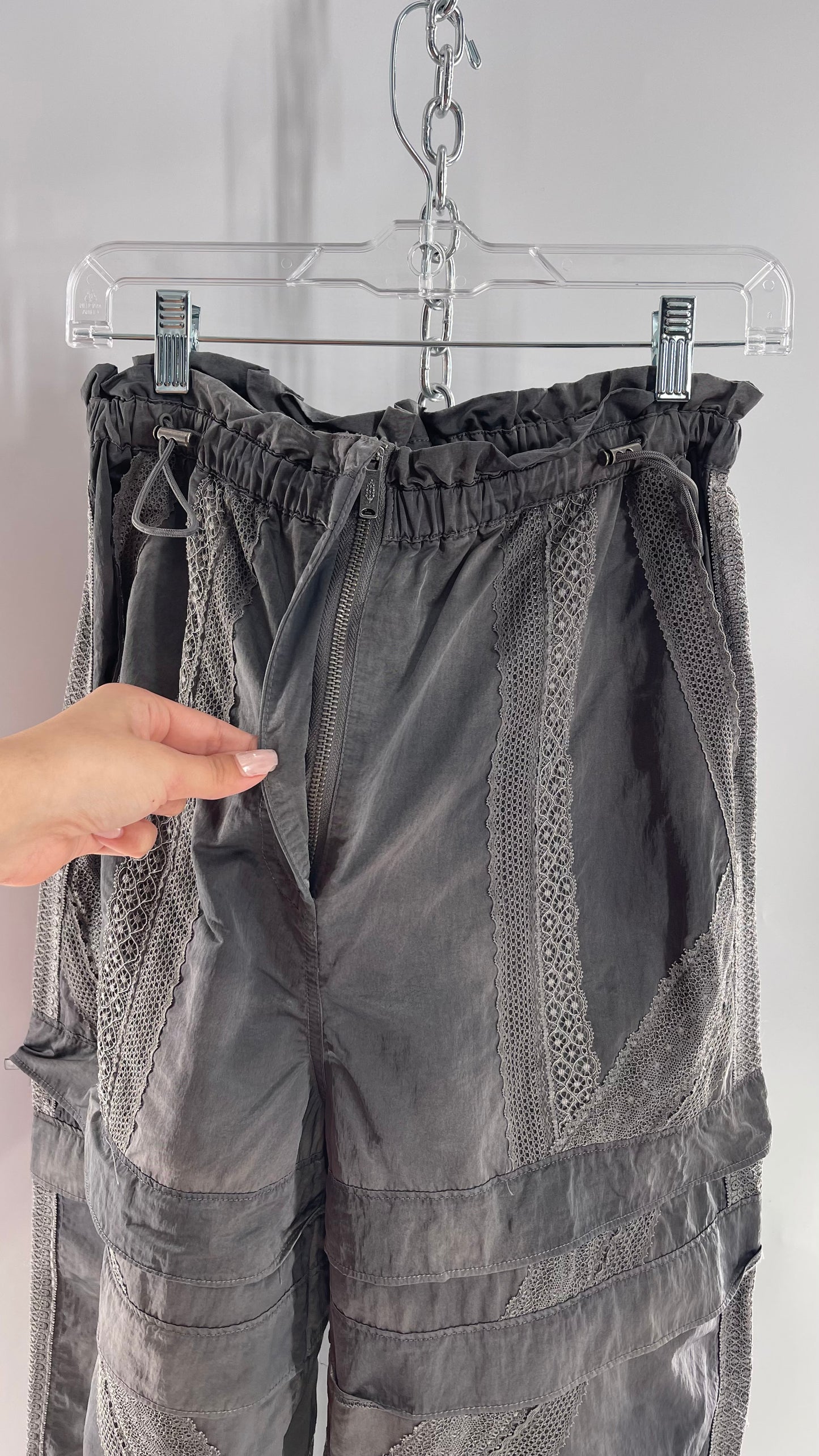 Free People Movement Grey Zip Off Shorts/Track Pant with Lace Details (Medium)