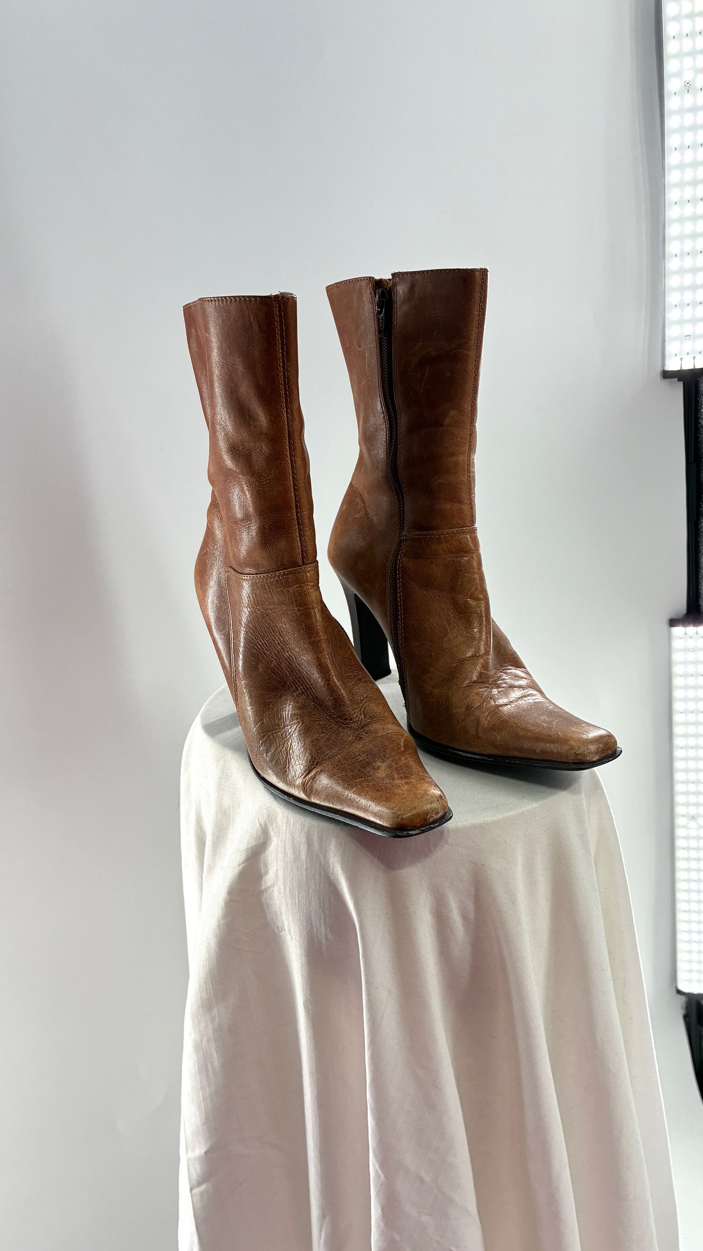 Vintage 1990s STEVE MADDEN Joesie Distressed Leather Pointed Square Toe Booties Made in Brazil (8)