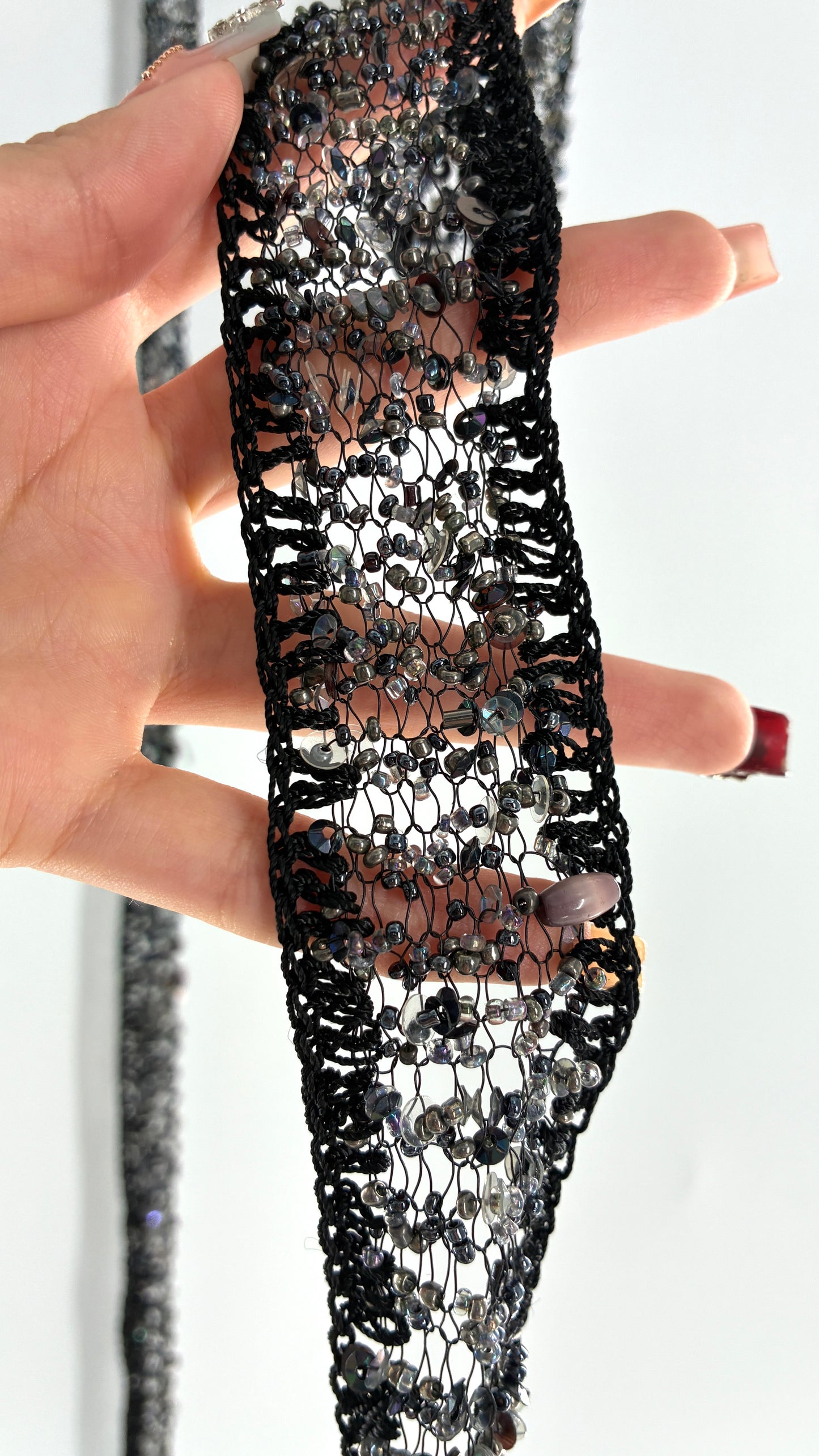 Vintage Black Netted + Crochet Scarf Necklace Covered in Heavy Beading