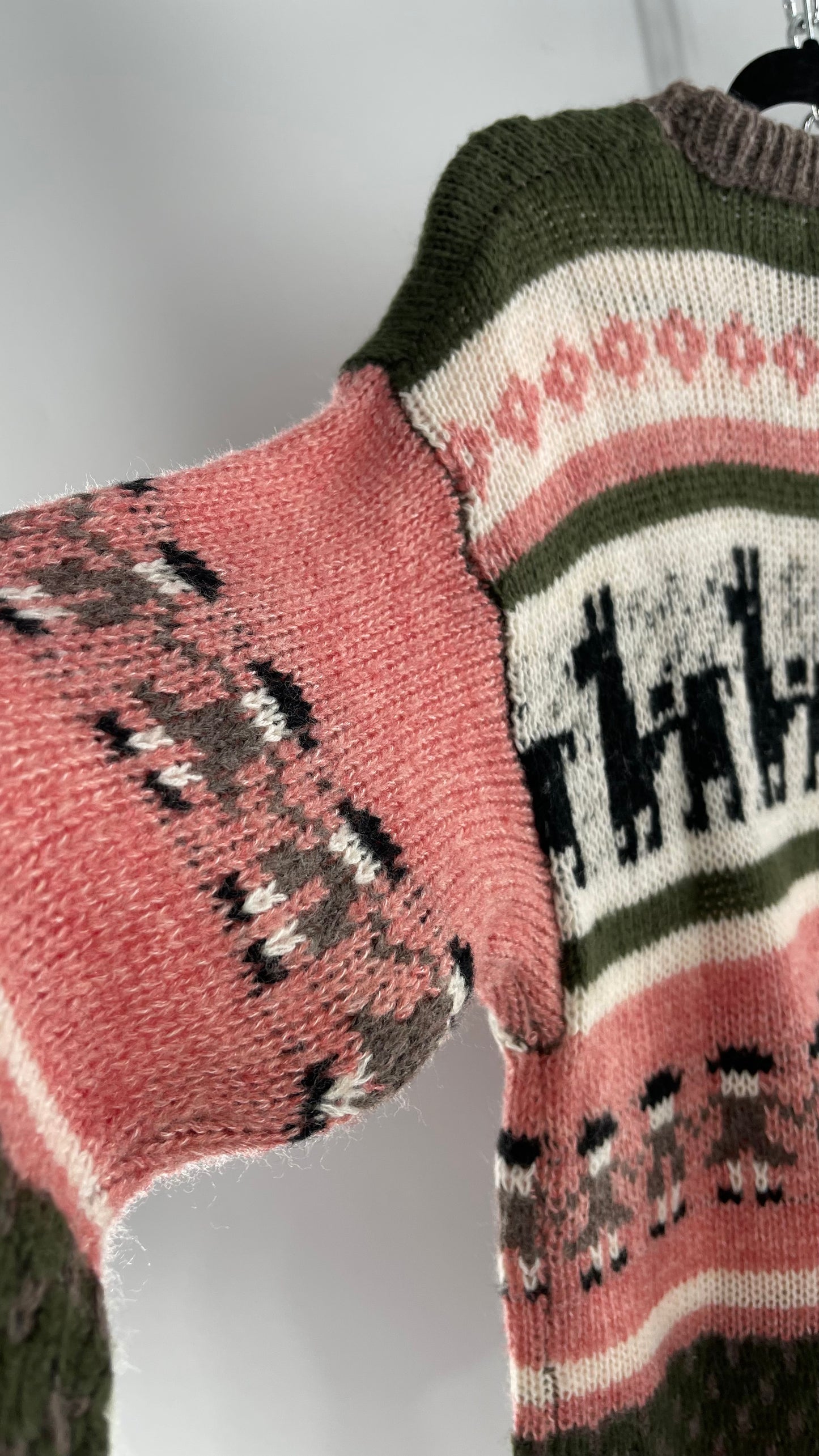 Cooke Collective Knit Llama/Alpaca Graphic Sweater with Army Green, Pink and White Colorway (Medium)