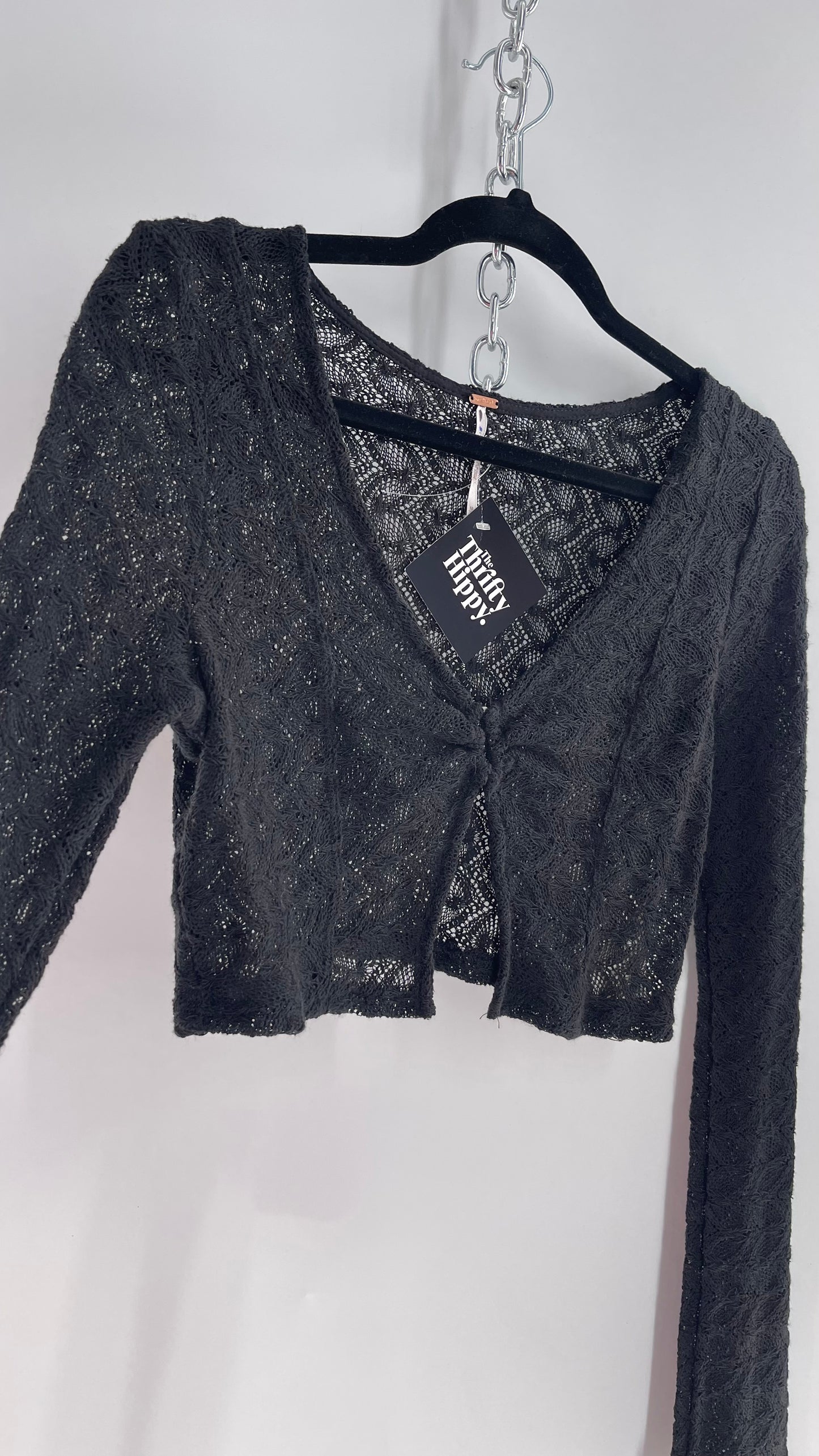 Free People Black Knit Lace/Crochet Like Cropped Long Sleeve with Metal Buckle Bust  (Medium)