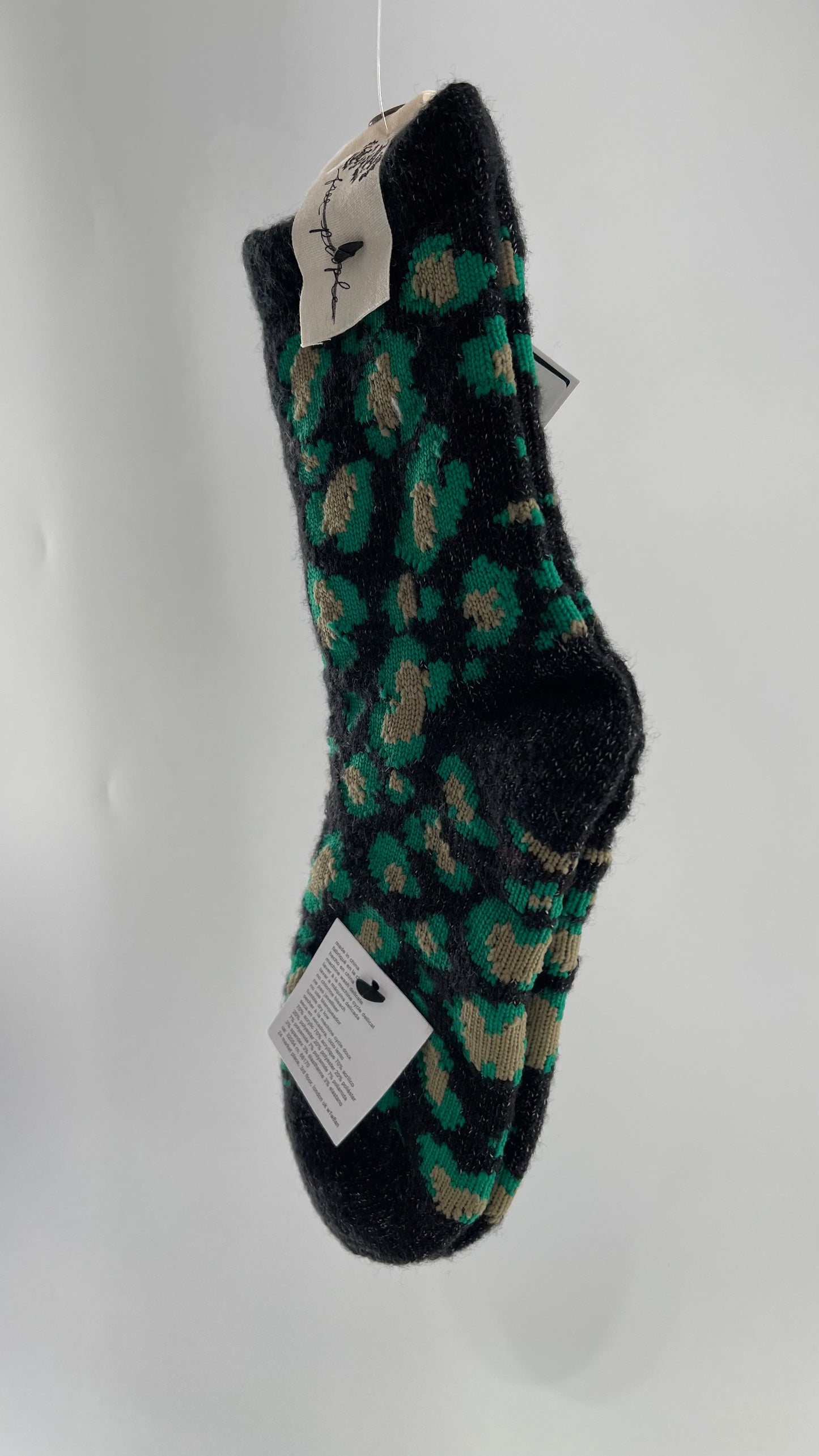 Free People Dark Grey Socks with Green Leopard Pattern