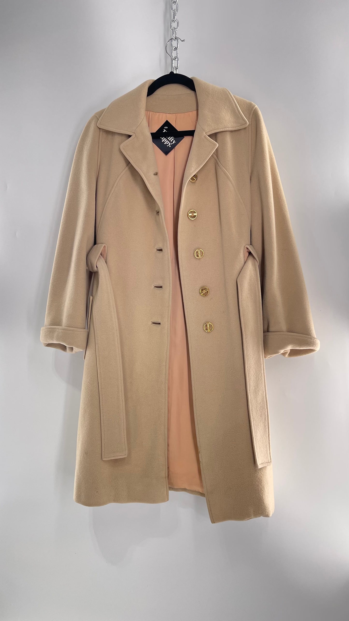 Vintage 100% Amicale Cashmere Beige Cream Coat with Apricot Satin Lining (C) (S/M)