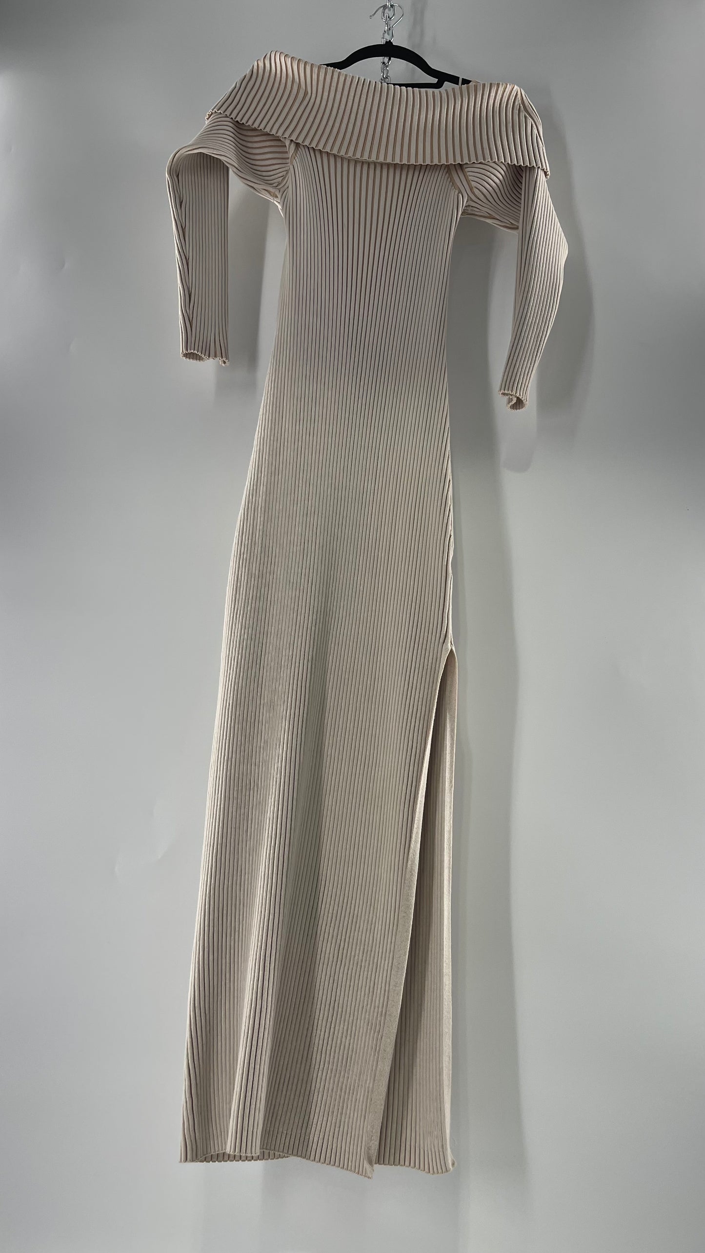 Anthropologie Beige Knit BodyCon Full Length Dress with Thick Off the Shoulder Band (Large)