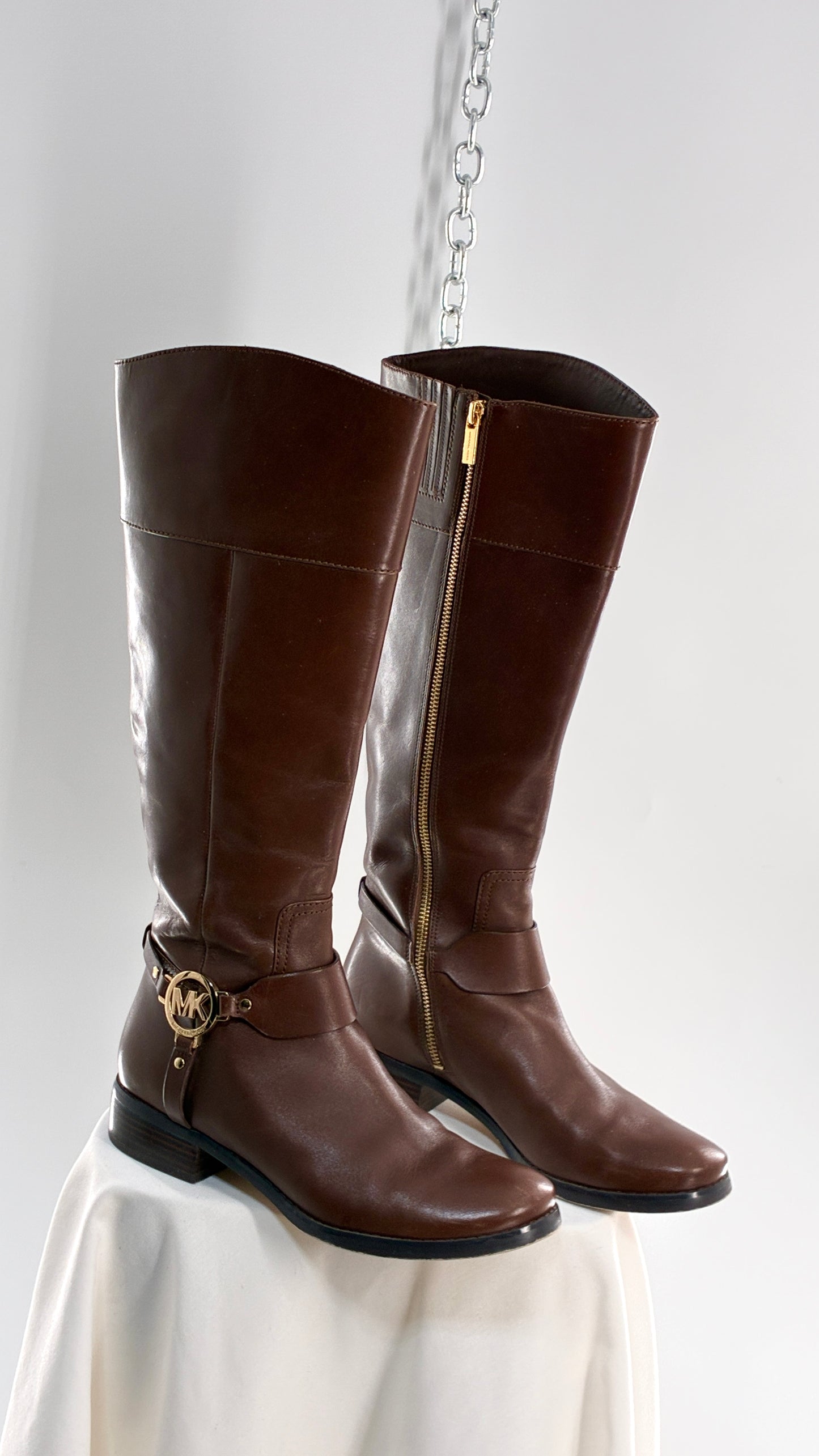 Vintage MICHAEL KORS Knee High Brown Genuine Leather Moto Boot with Gold Detailing (9)