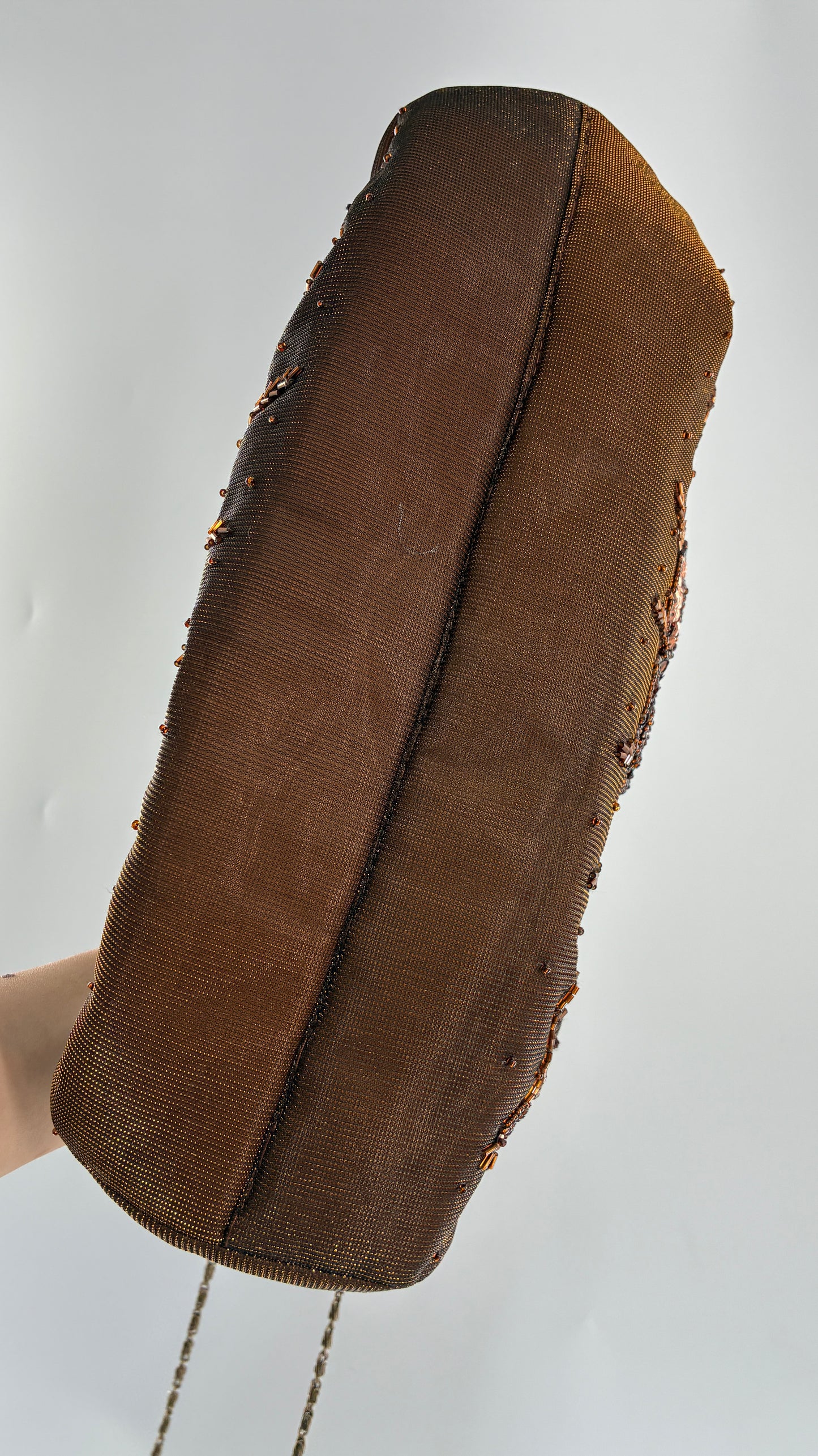 Vintage Brown Beaded and Sequin Purse with Bronze Metal Closure and Iridescent Fabric