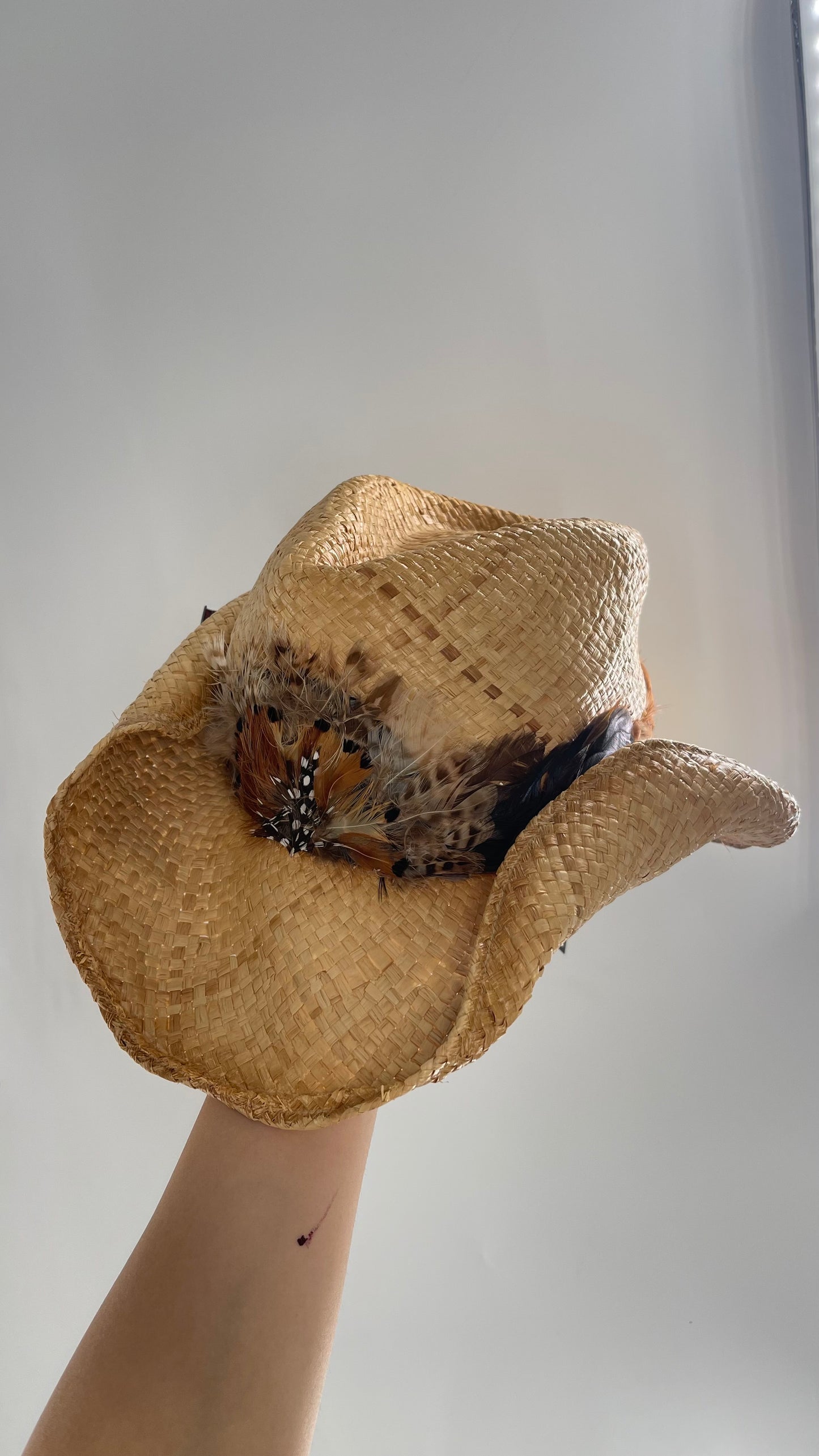 Vintage Straw Hat with Feather Band