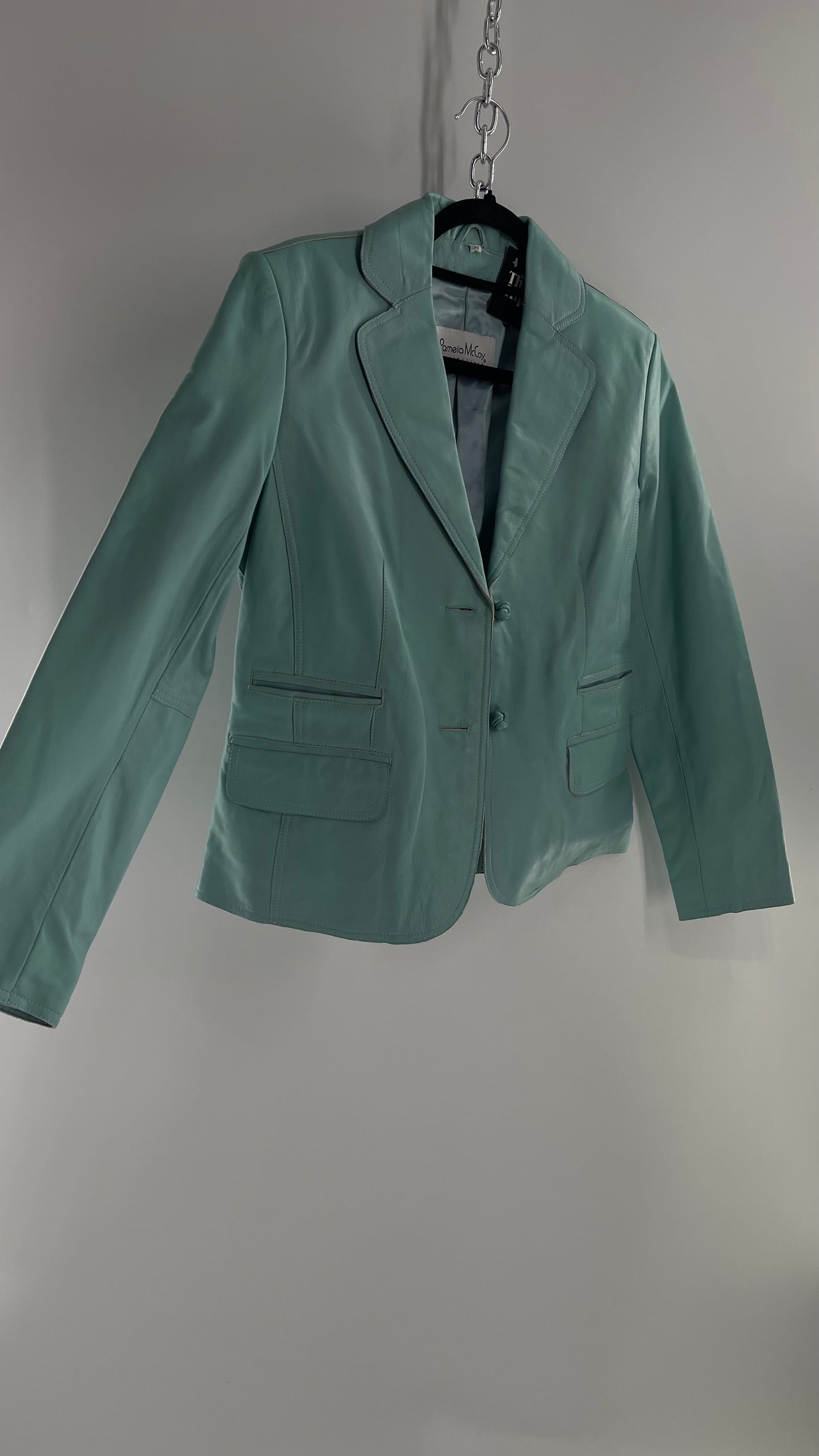 Vintage 1990s Pamela McCoy Eggshell/Tiffany Blue Leather Blazer Jacket (XS)