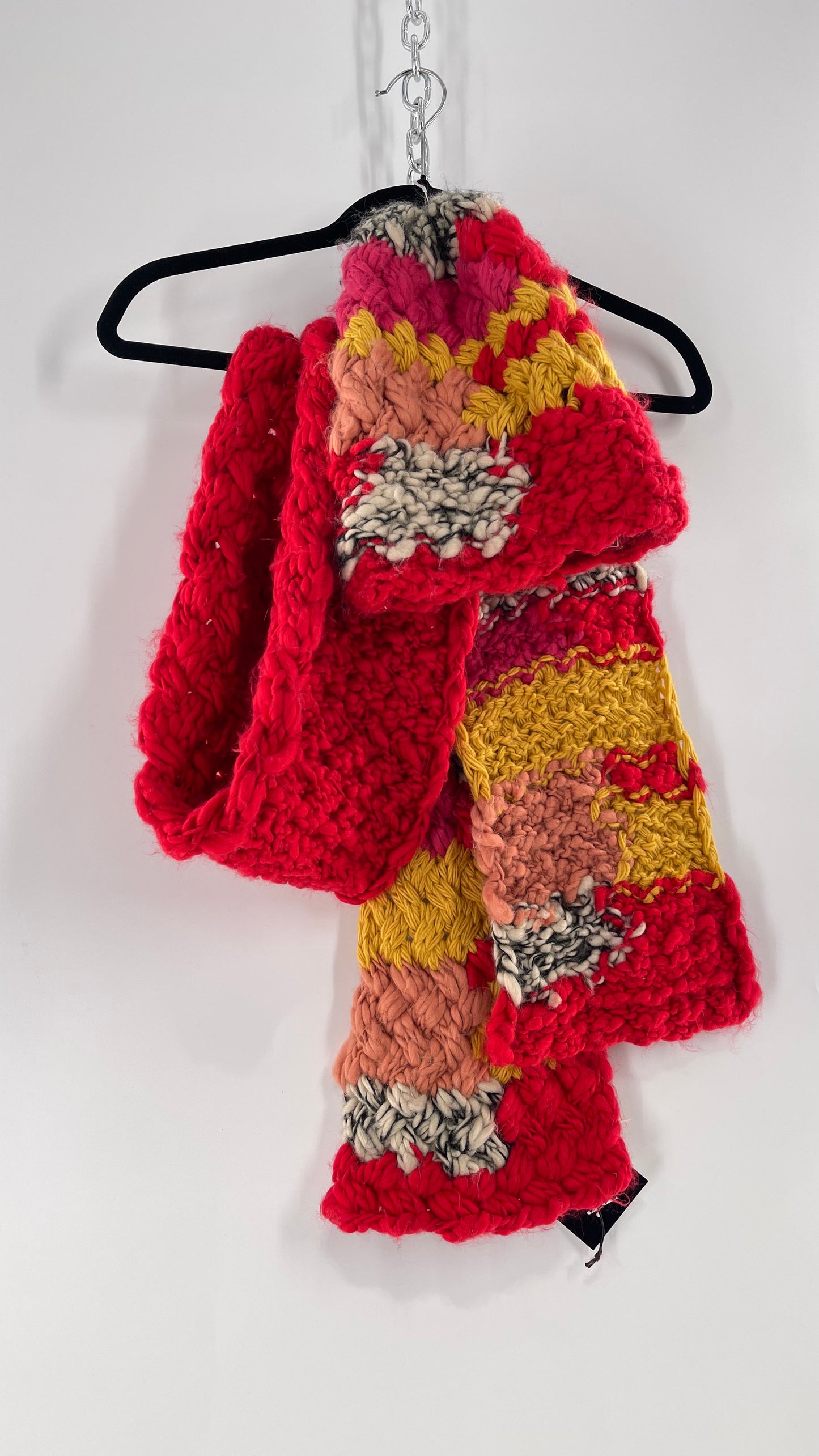 Anthropologie Hand Knit Red/Peach/Yellow Scarf and Beanie Set