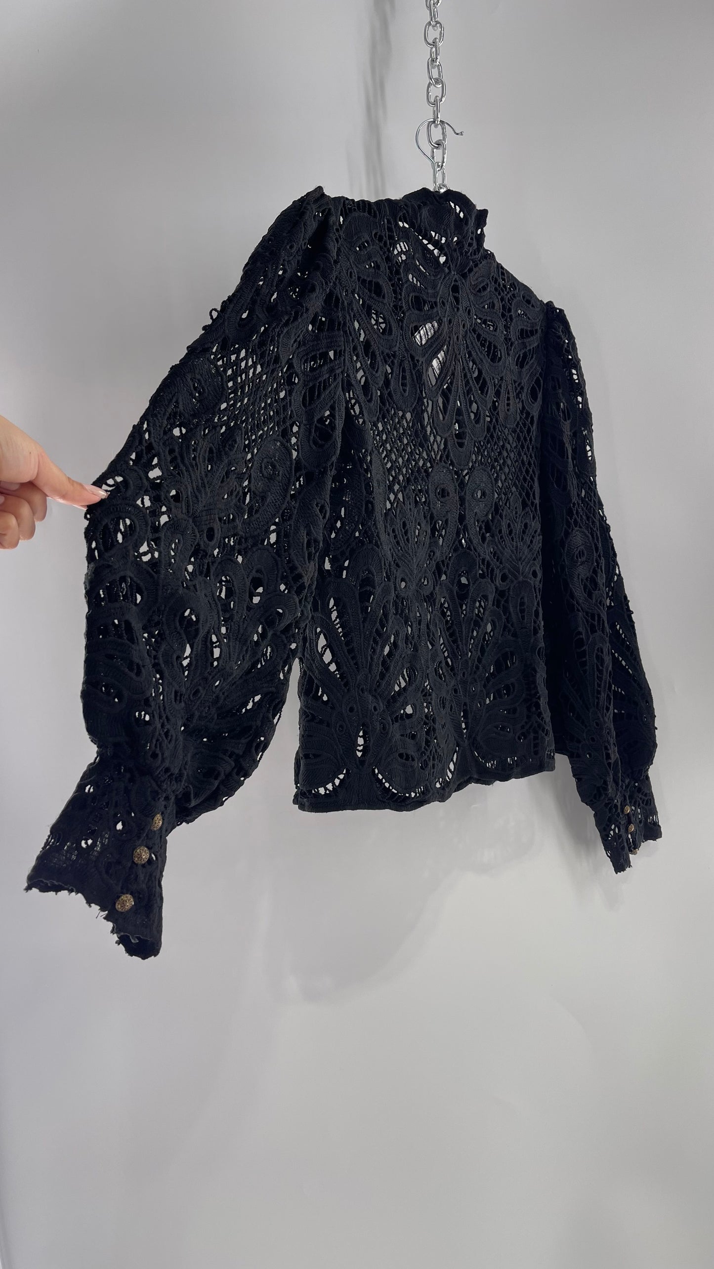 Anthropologie Black Heavy Thick Lace Blouse with Balloon Sleeves (Small)