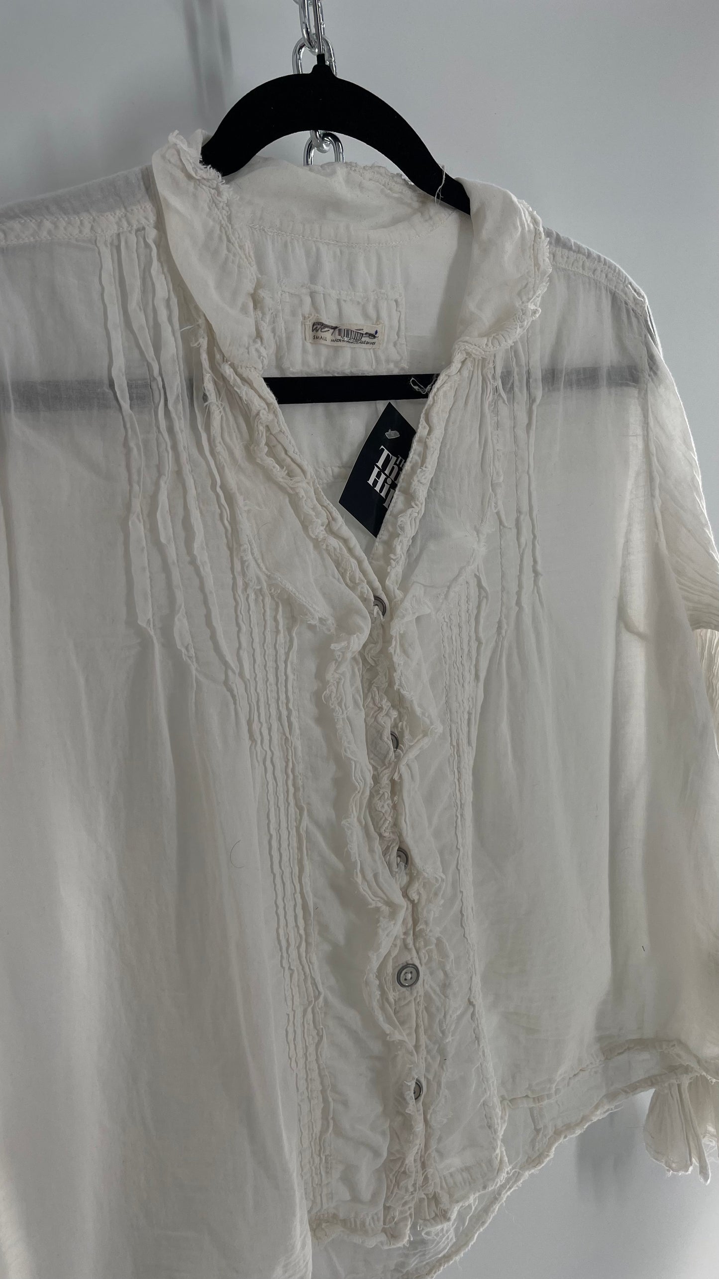 Free People White Cotton Ruffle Button Up with Crimped Sleeves (Small)