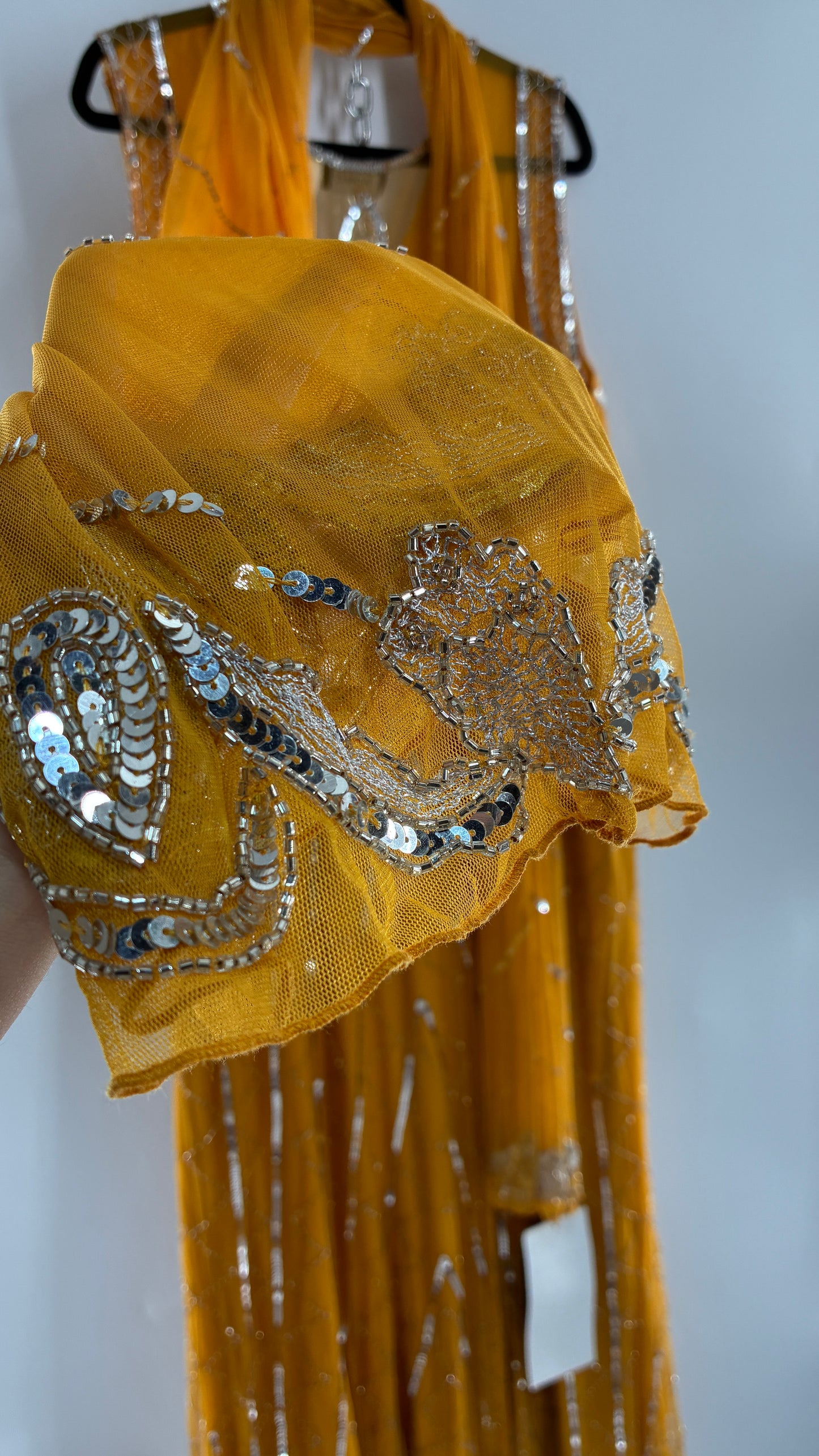 Deadstock Vintage ASHRO 1990s Mustard Yellow Dress with Sheer Back, Neck Scarf and Silver Beading (XXL)