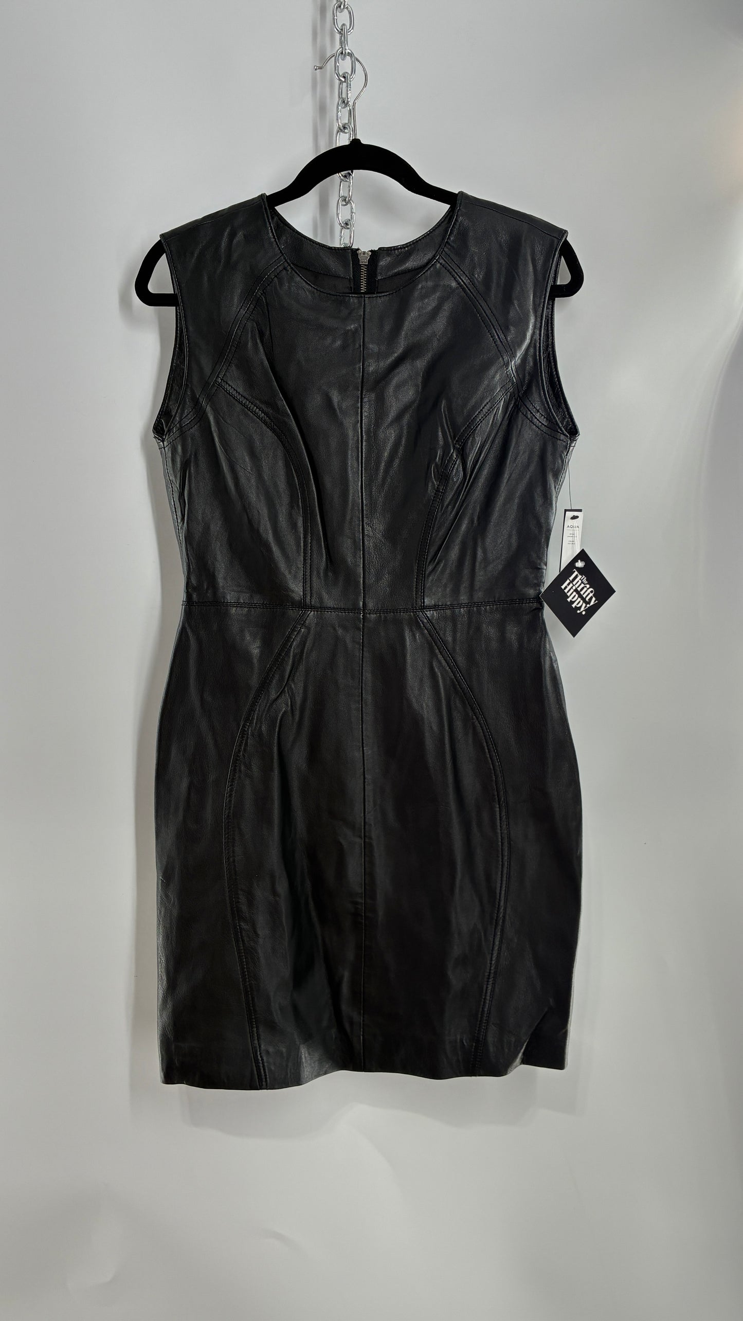 AQUA LUXE Black Leather Bodycon Paneled Dress with Tags Attached (Small)
