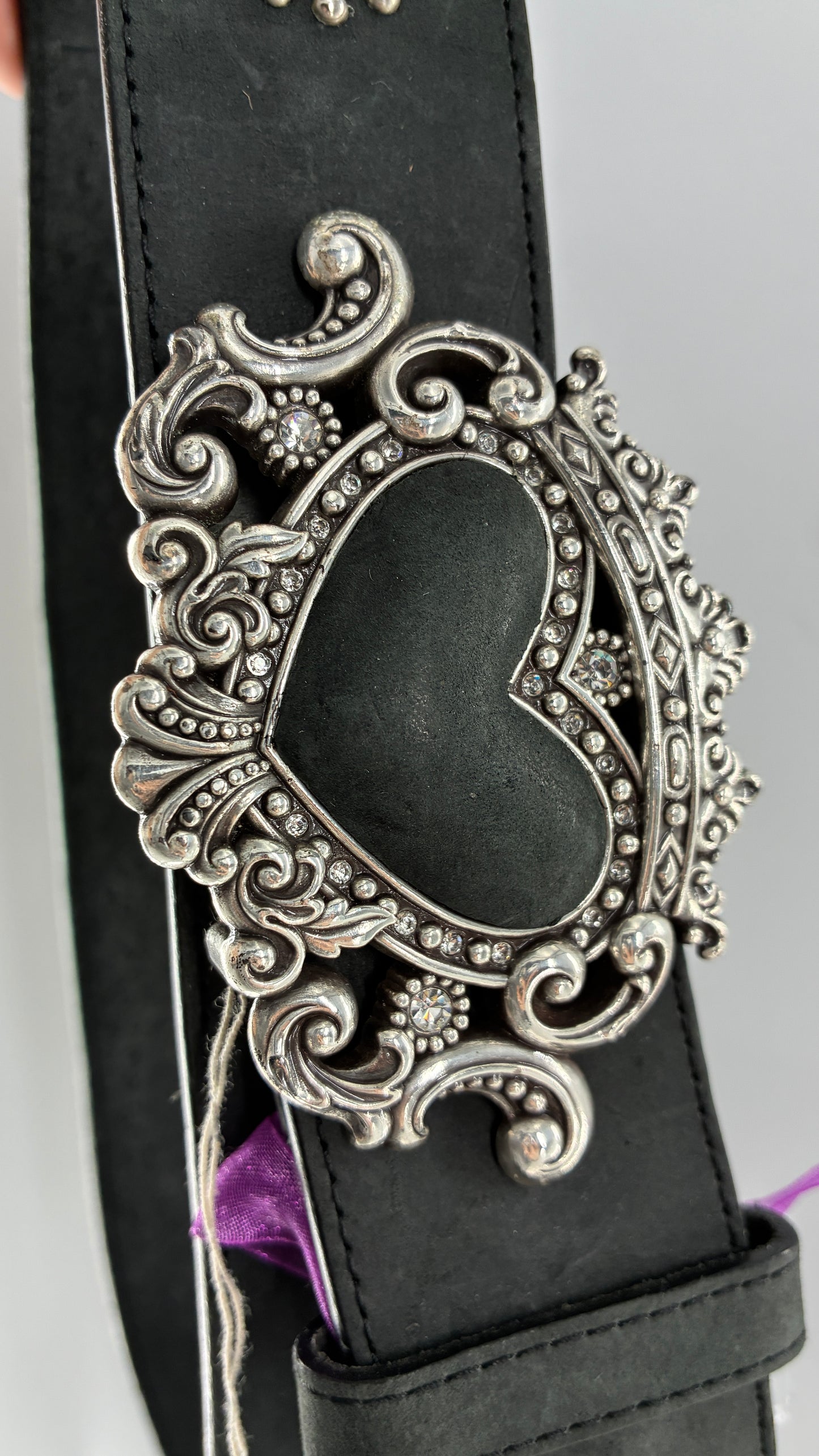 Extremely RARE Vintage BRIGHTON Genuine Leather Black Studded Belt with Crowned Heart Buckle (ML32)