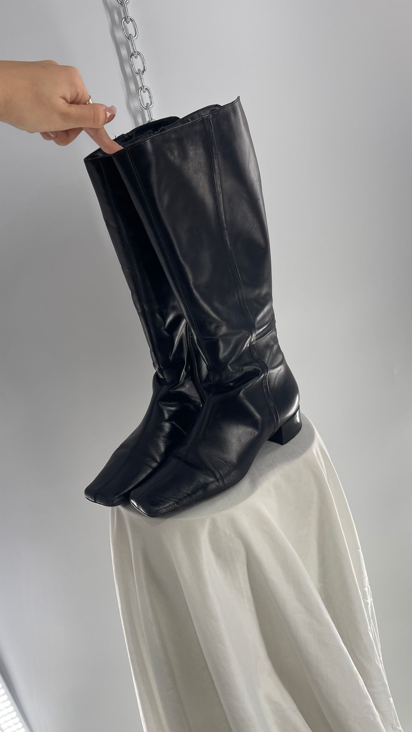 Vintage YKK Black Leather Square Toe Knee High Boot (40)