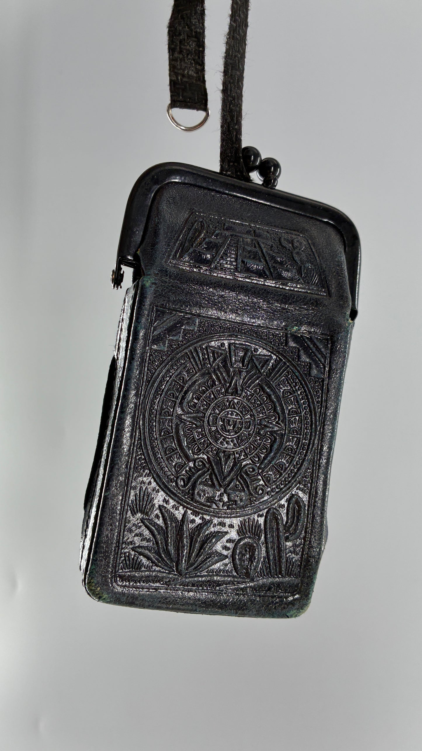 Vintage Mexican Black Engraved Leather Cigarette Pouch with Lighter Holster