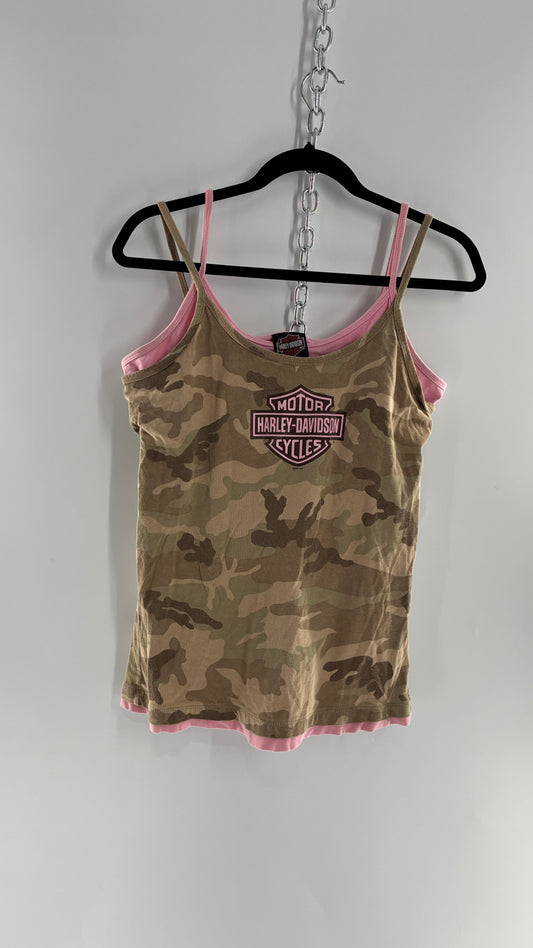 Vintage Harley Davidson Camo Tank with Built in Pink Sports Bra (Large)