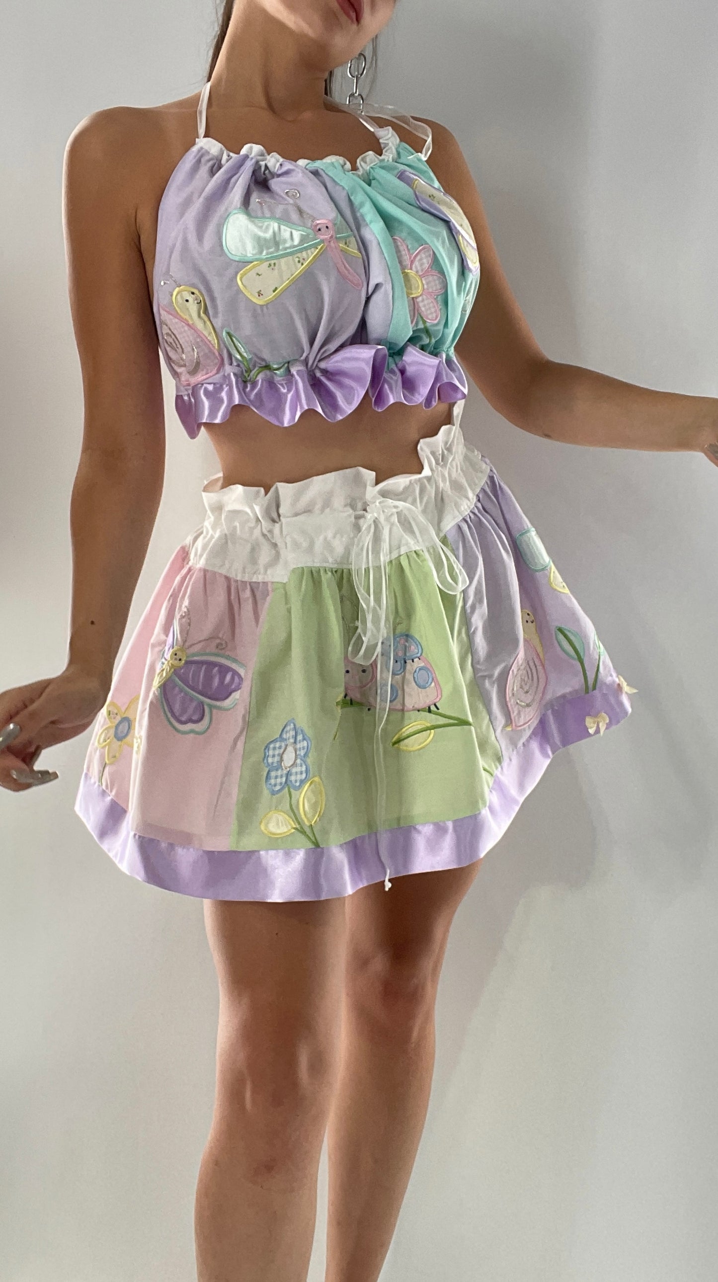 Vintage Custom 2piece Garden Gal Set Covered in Patchwork Butterflies, Dragonflies, Flowers, Snails and Pastels (One Size Fits Most)