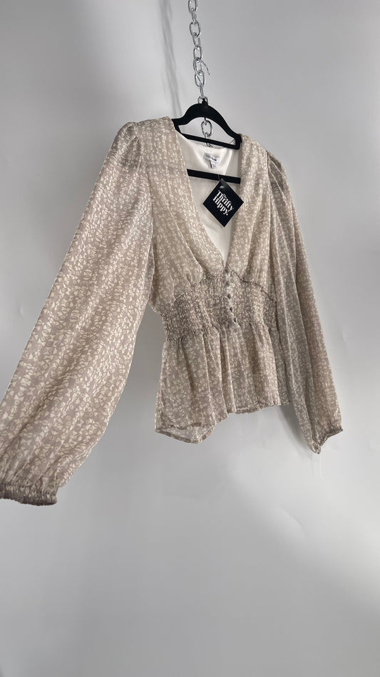 Anthropologie Light Gray Glitter/Shimmer Balloon Sleeve, Smocked Waist, Button Front Blouse (Large)