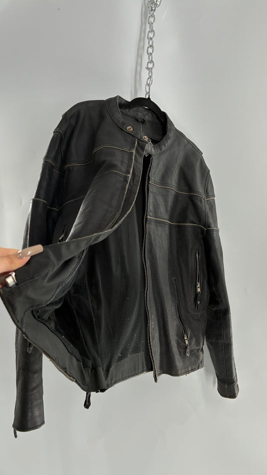 Vintage Distressed Genuine Leather Motorcycle Jacket with Zippered Pockets, Cuffs, and Sides (Large)