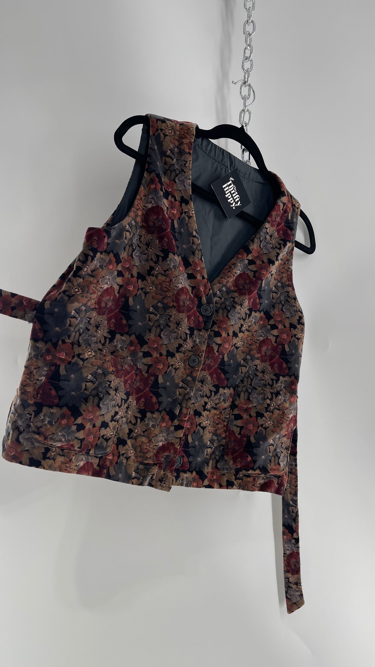 Vintage Muted Florals Velvet Vest with Front Pockets and Waist Tie (Medium)