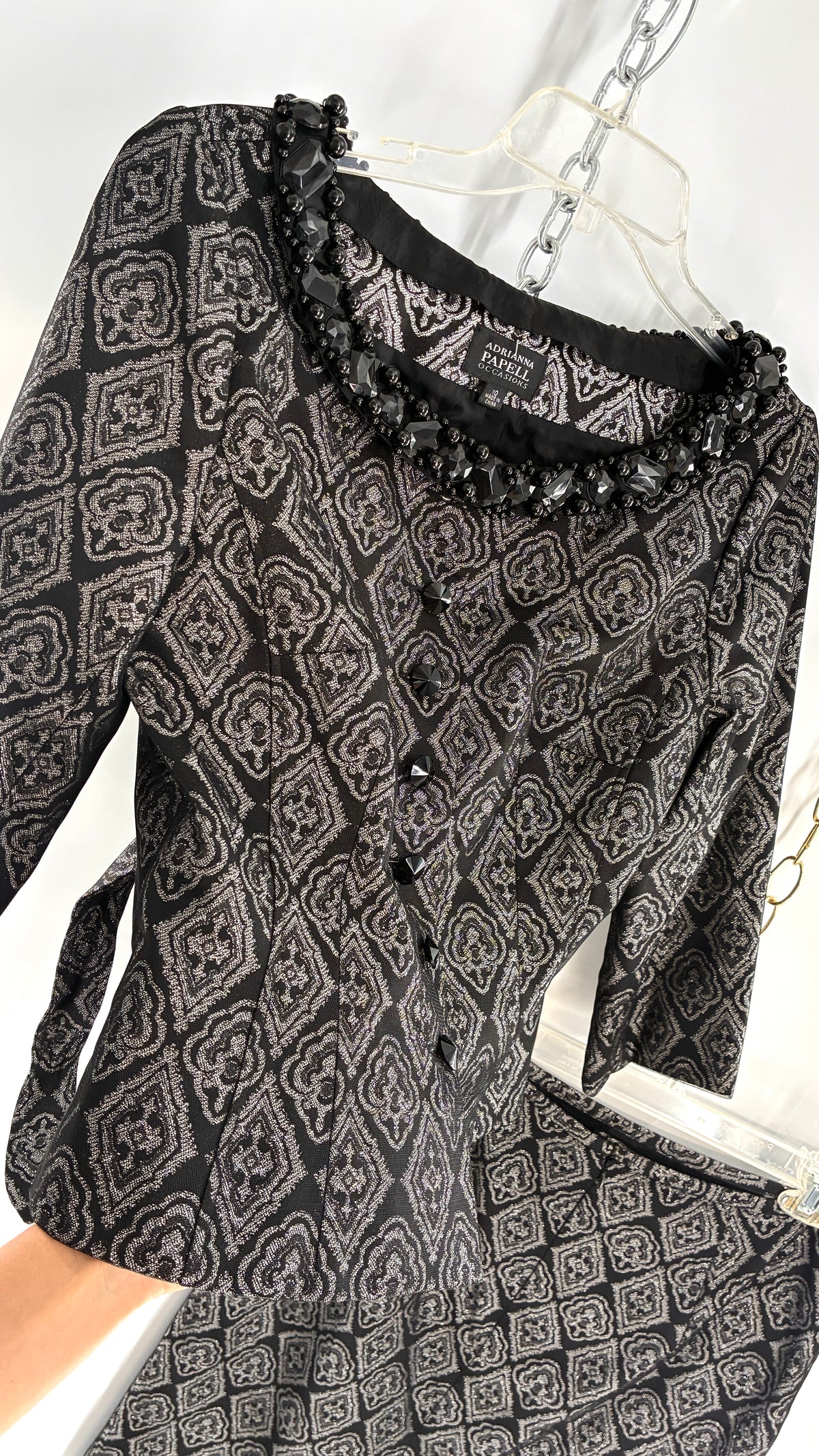 Vintage ADRIANNA PAPPELL Set with Brocade Underlay, Black Mesh Overlay, Waist Snatch, and Mini Skirt (10,8)